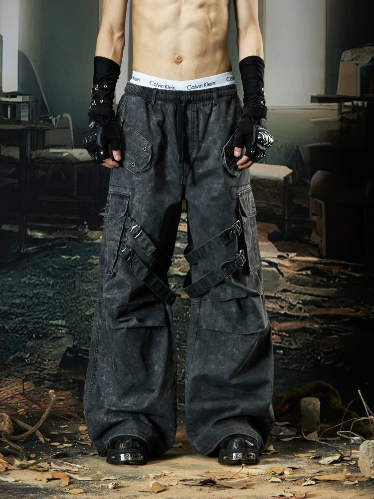 Washed Layered Pleated Multi-Pocket Utility Cargo Pants