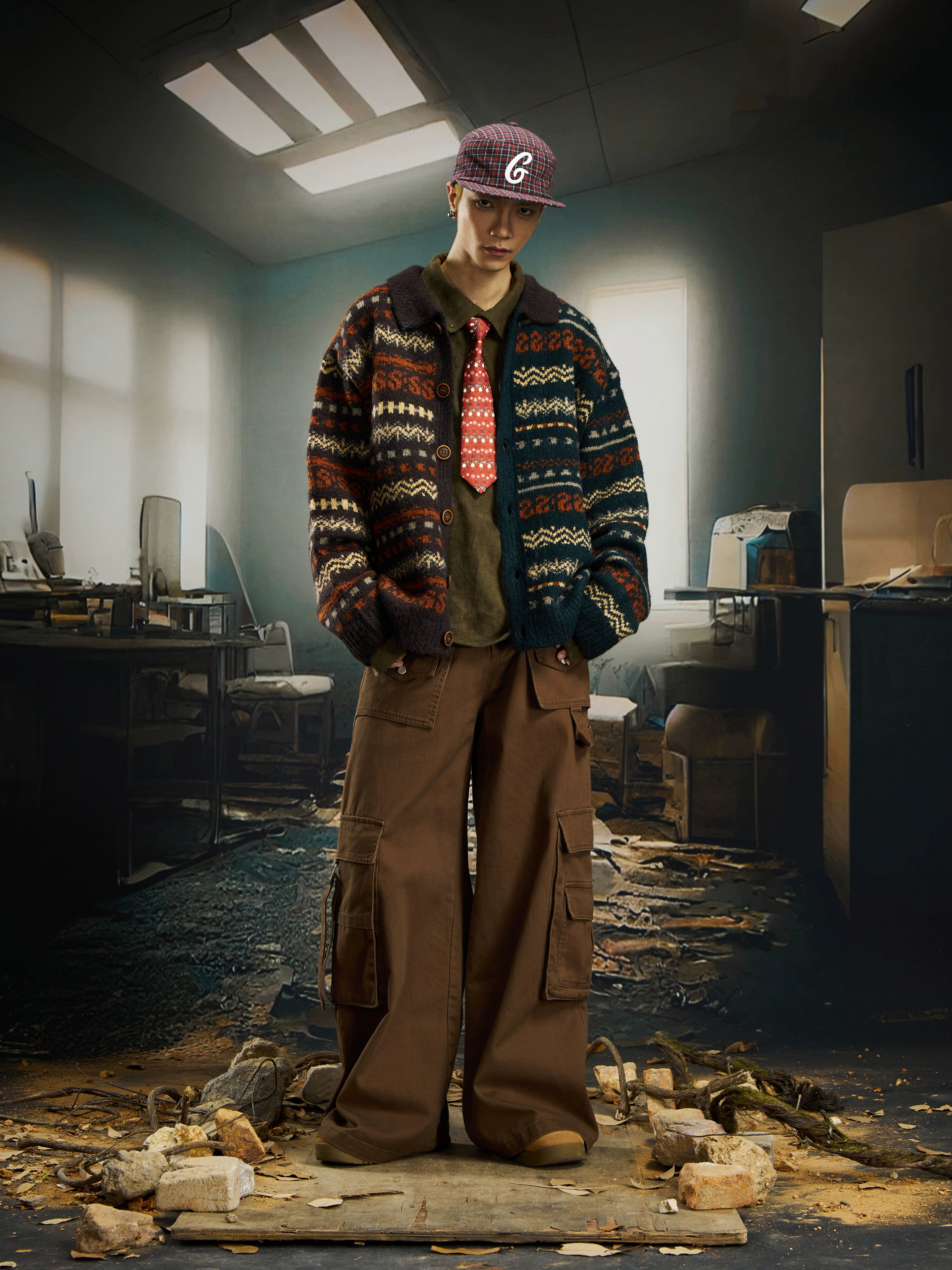 Retro Fair-Isle Color-Block Knit Cardigan with Oversized Fit