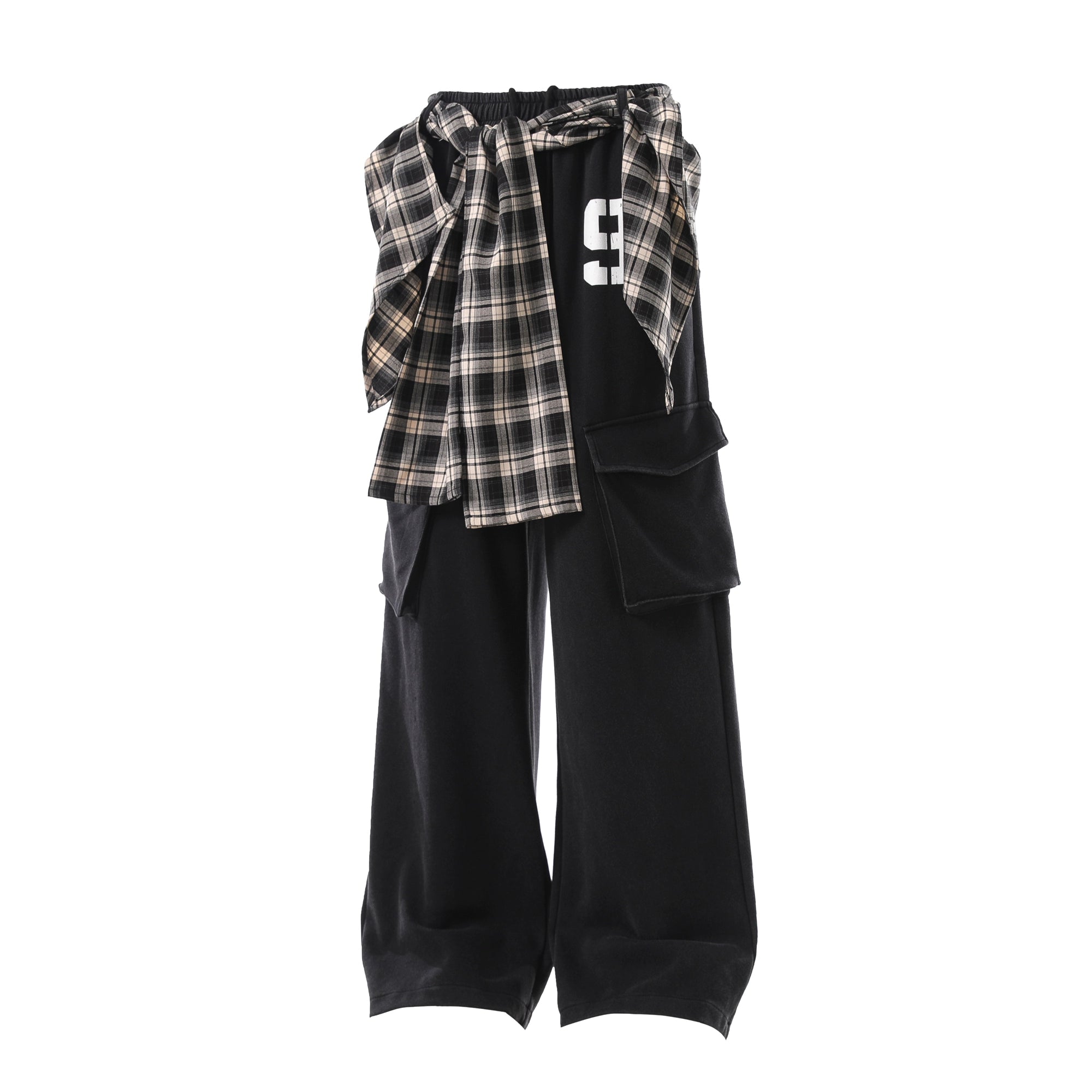 Plaid Overlay Straight-Leg Cargo Sweatpants