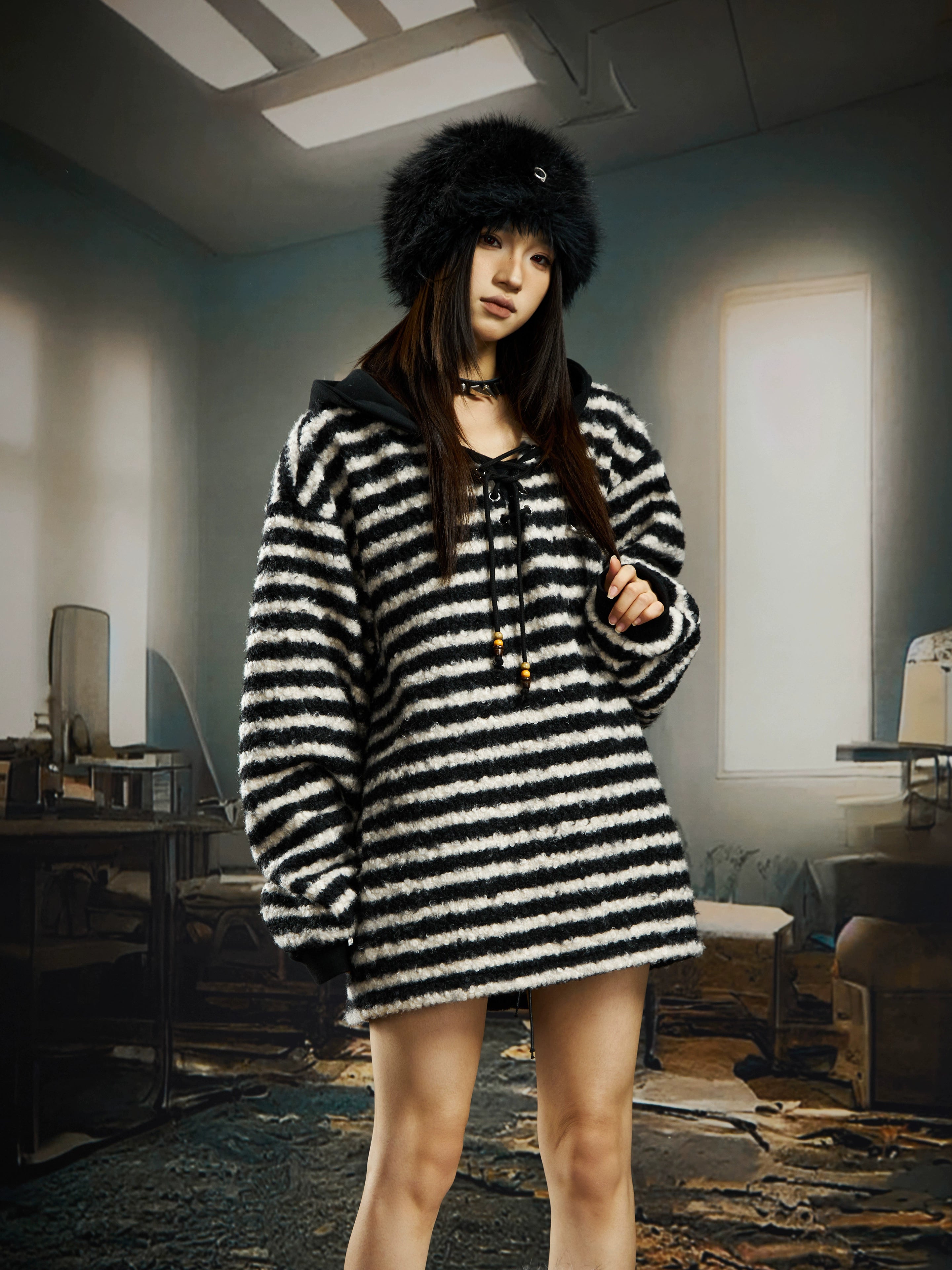 Striped Fleece Drawstring Hoodie with Cashmere Touch