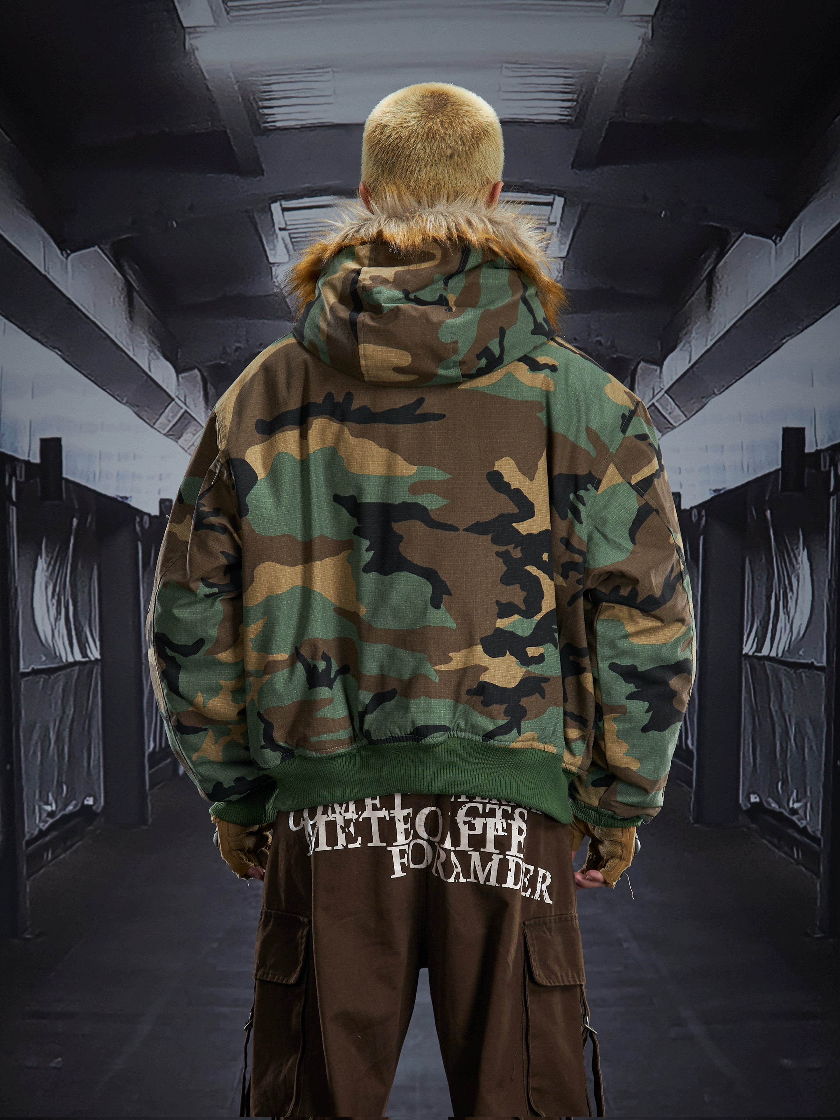 Fuzzy Hooded Camouflage Fleece-Lined Puffer Jacket