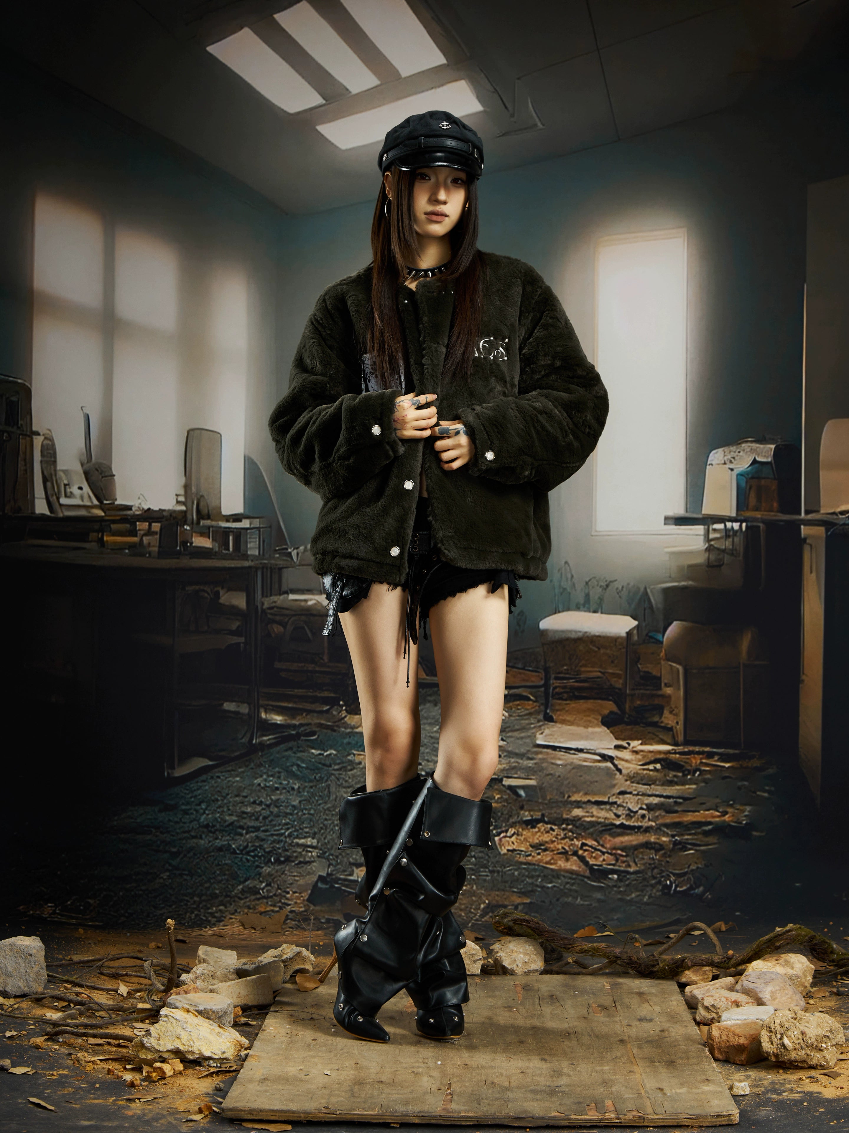 Plush Beaded Comic Patch Collarless Padded Short Jacket