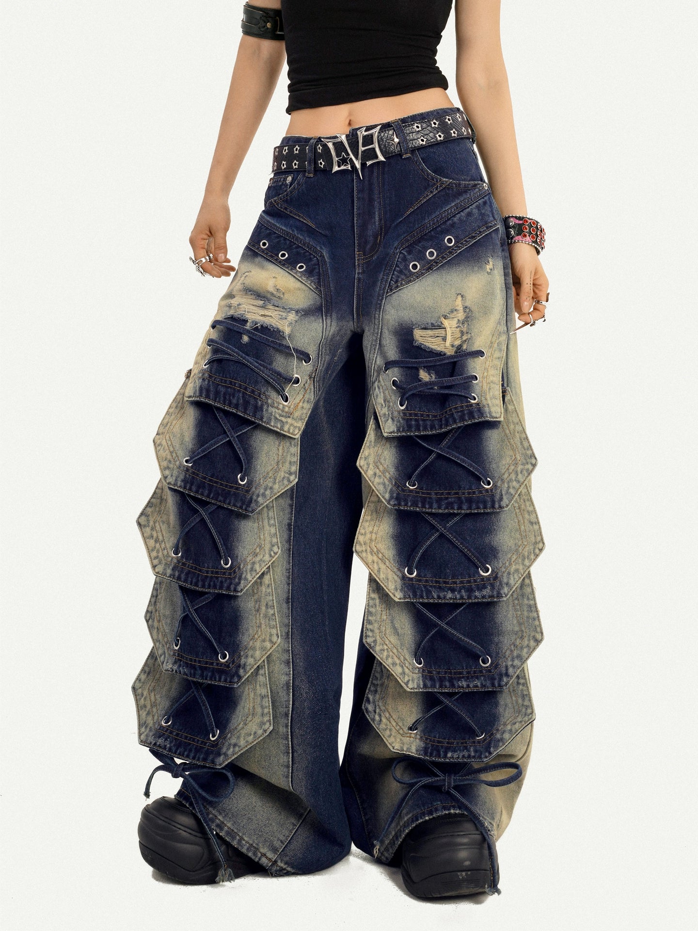 Heavy-Washed Cargo Denim Pants with Multi-Pocket Punk Street Style