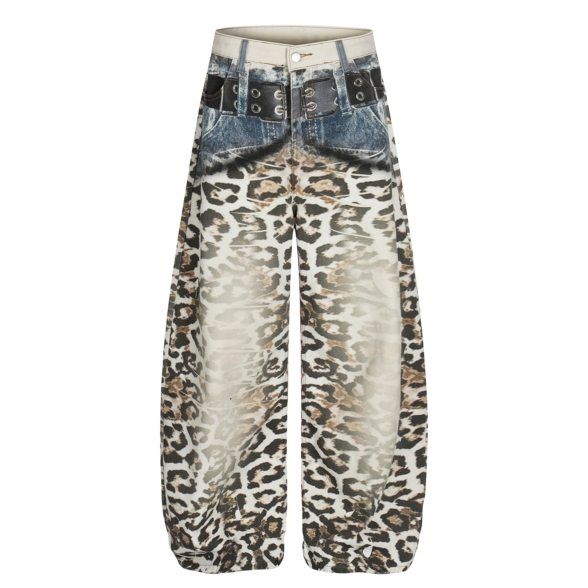 3D Printed Leopard Belt Wide-Leg Vintage Denim Pants