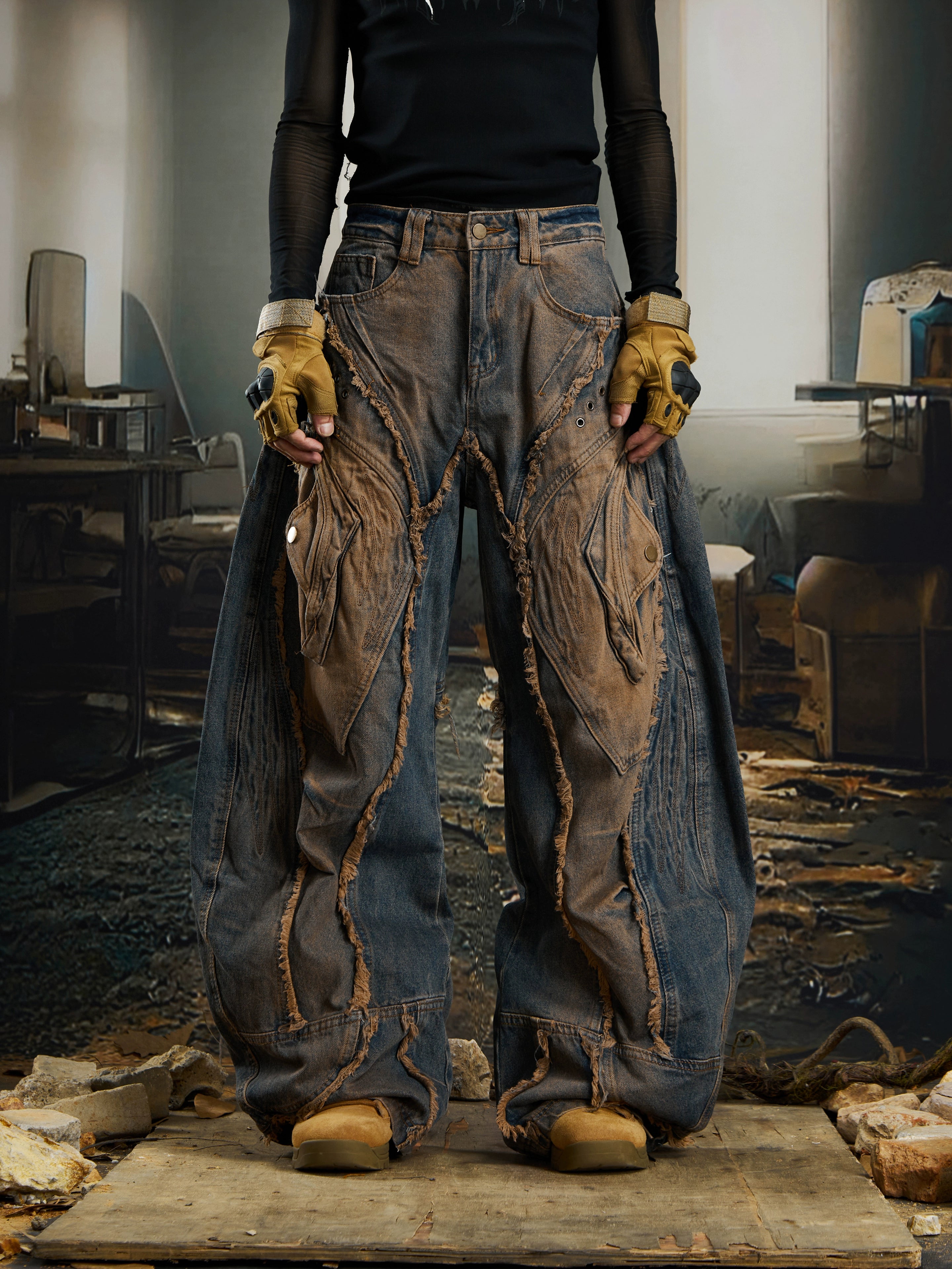 Apocalypse Washed Raw-Edge Deconstructed Blade-Cut Jeans