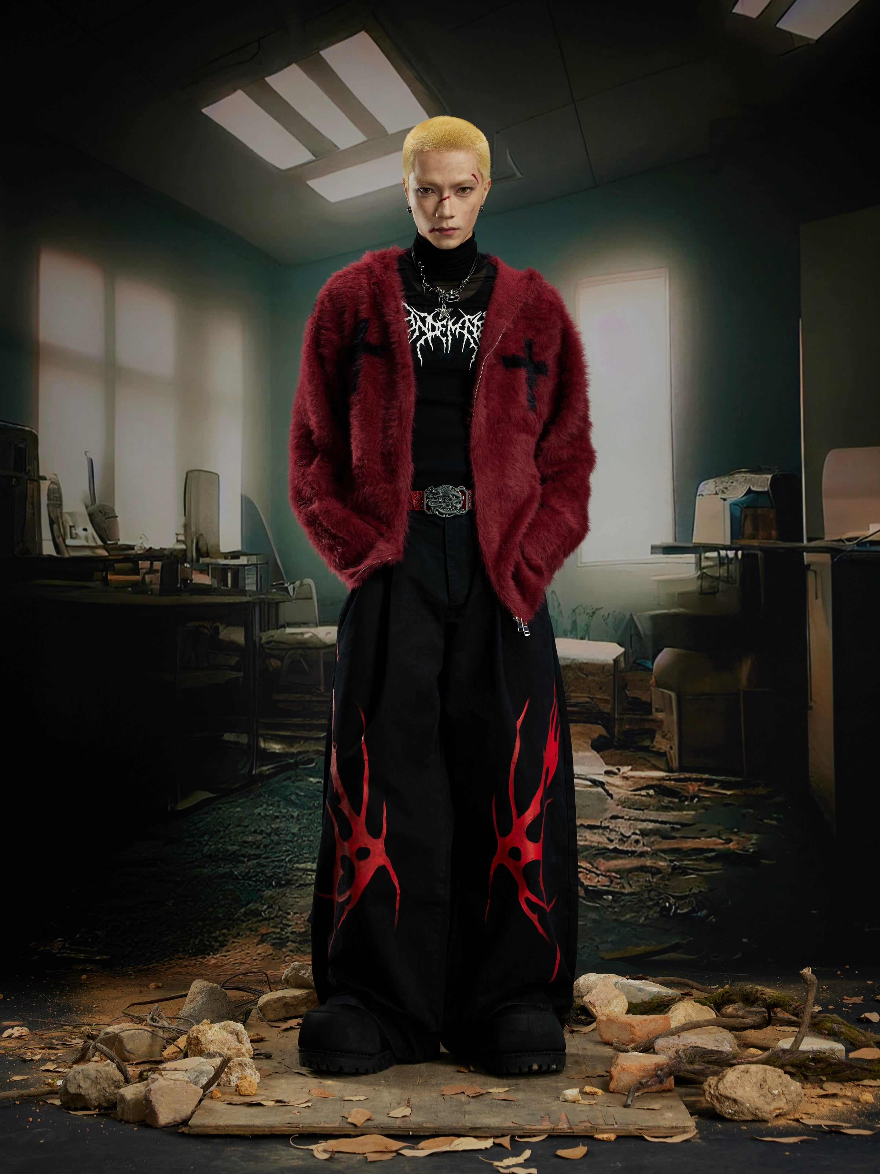 Heavyweight Mohair-Inspired Y2K Hooded Knit Cardigan