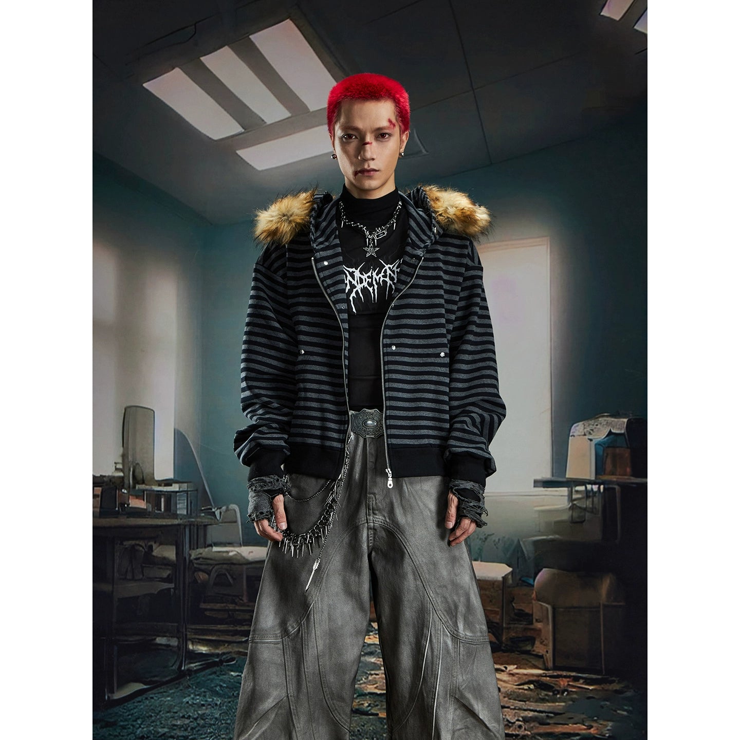 Y2K Furry Patchwork Zip Hoodie with Striped Design