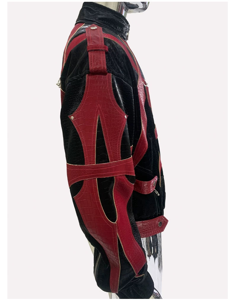 Sanhoostudio Crocodile Embossed Colorblock PU Leather Jacket