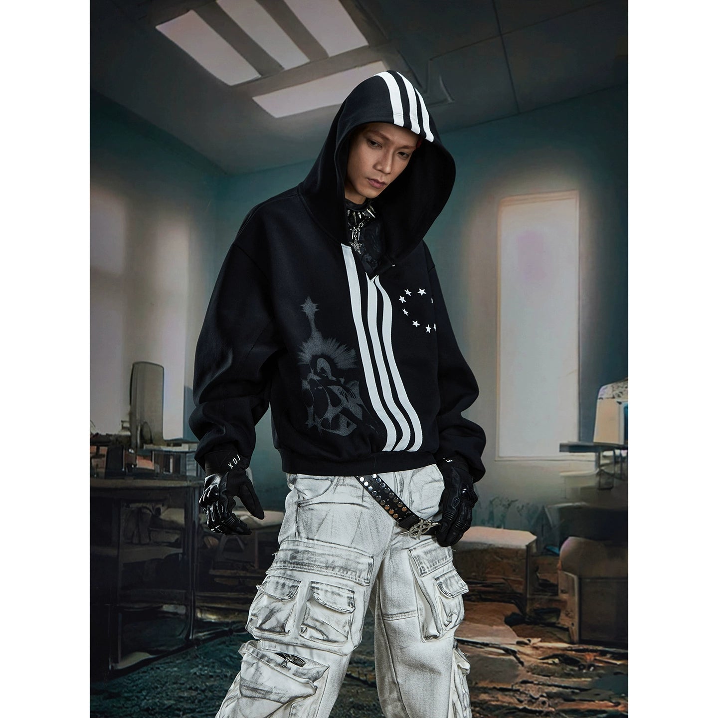 Triple-Stripe Oversized Hooded Sweatshirt