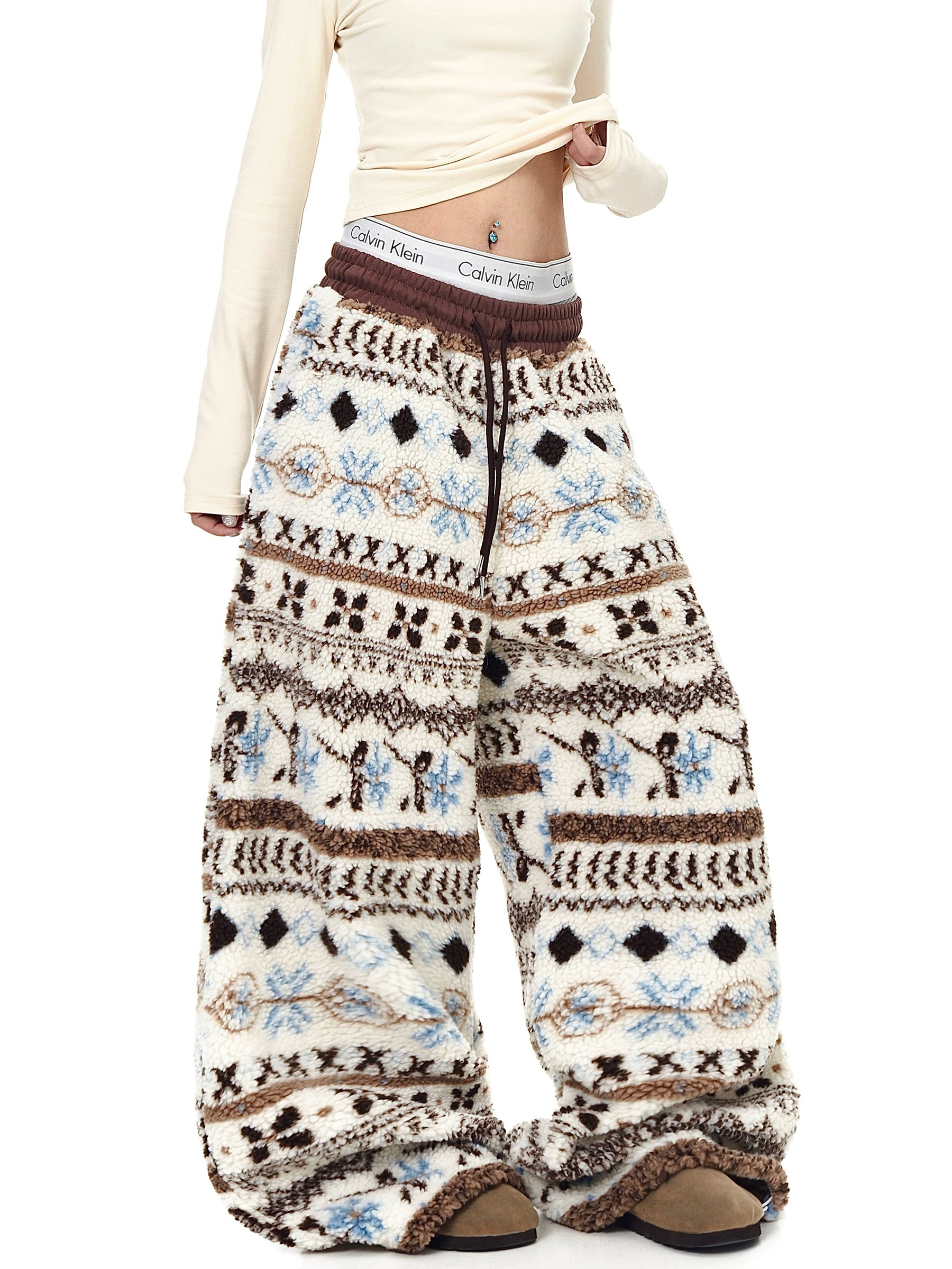 Fair Isle Sherpa-Lined Cozy Winter Wide Pants