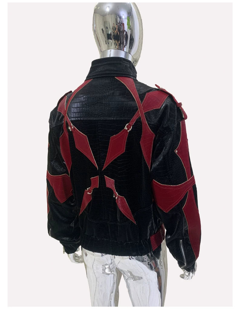 Sanhoostudio Crocodile Embossed Colorblock PU Leather Jacket