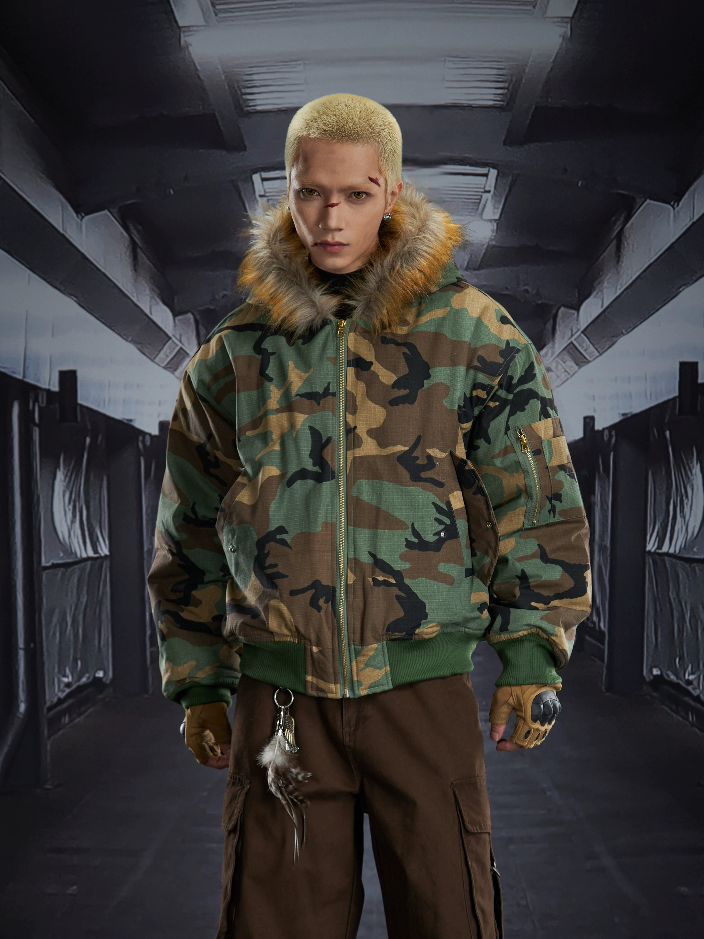 Fuzzy Hooded Camouflage Fleece-Lined Puffer Jacket