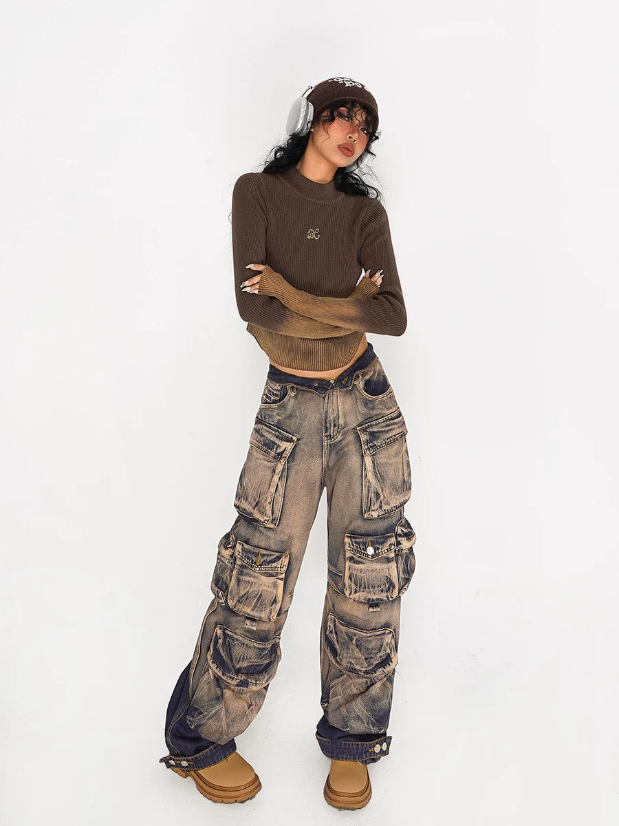 Sanhoostudio cargo denim pants featuring heavy washing, distressed finish, and multi-pocket design. Inspired by American vintage wasteland aesthetics.