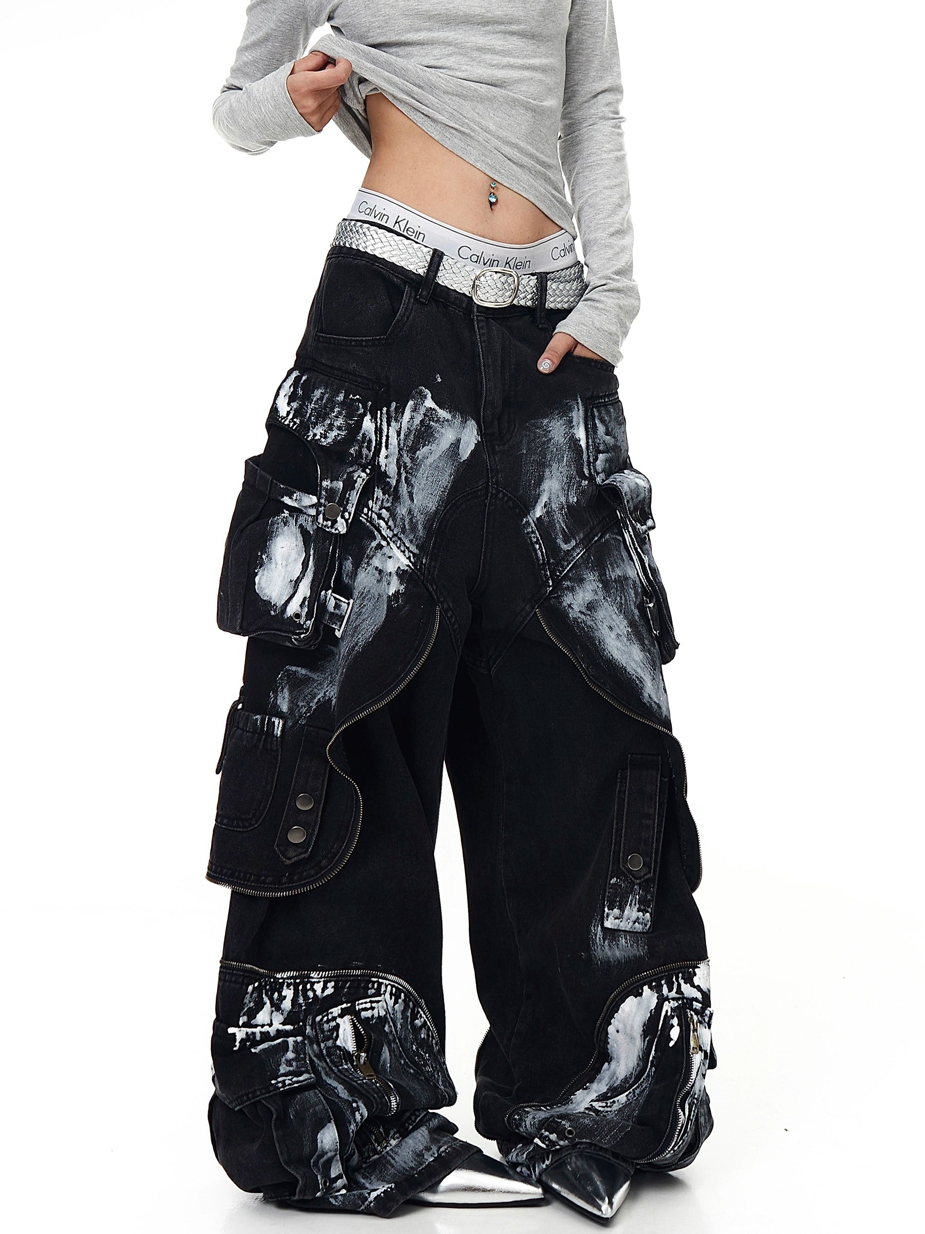 Heavy Graffiti Painted Cargo Denim Pants with Multi Pockets