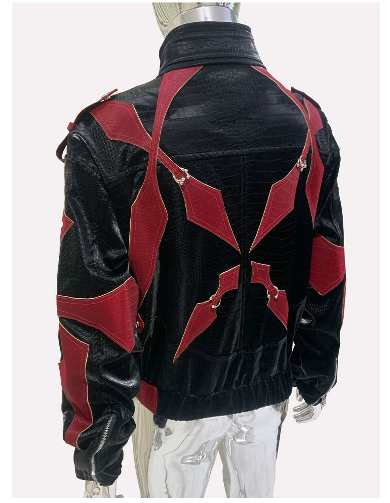 Sanhoostudio Crocodile Embossed Colorblock PU Leather Jacket