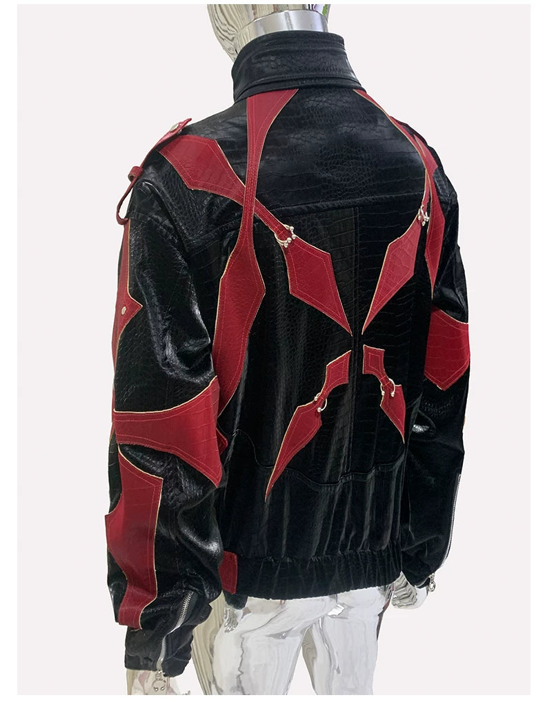 Sanhoostudio Crocodile Embossed Colorblock PU Leather Jacket