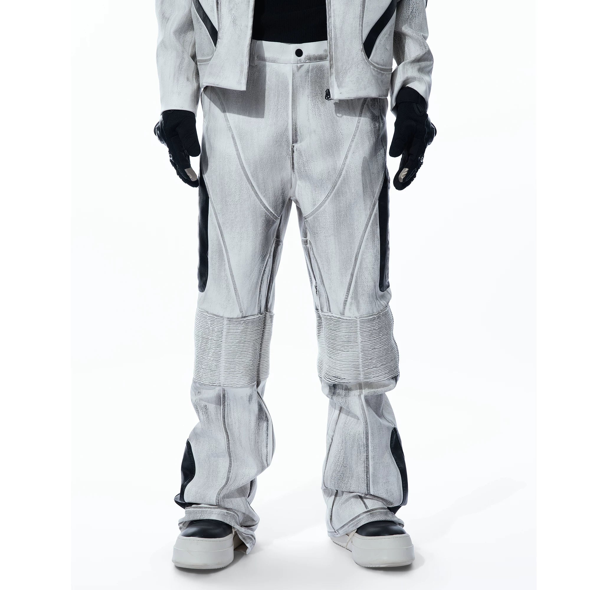 Sanhoostudio leather jacket featuring distressed finish and relaxed fit for bold streetwear styling.