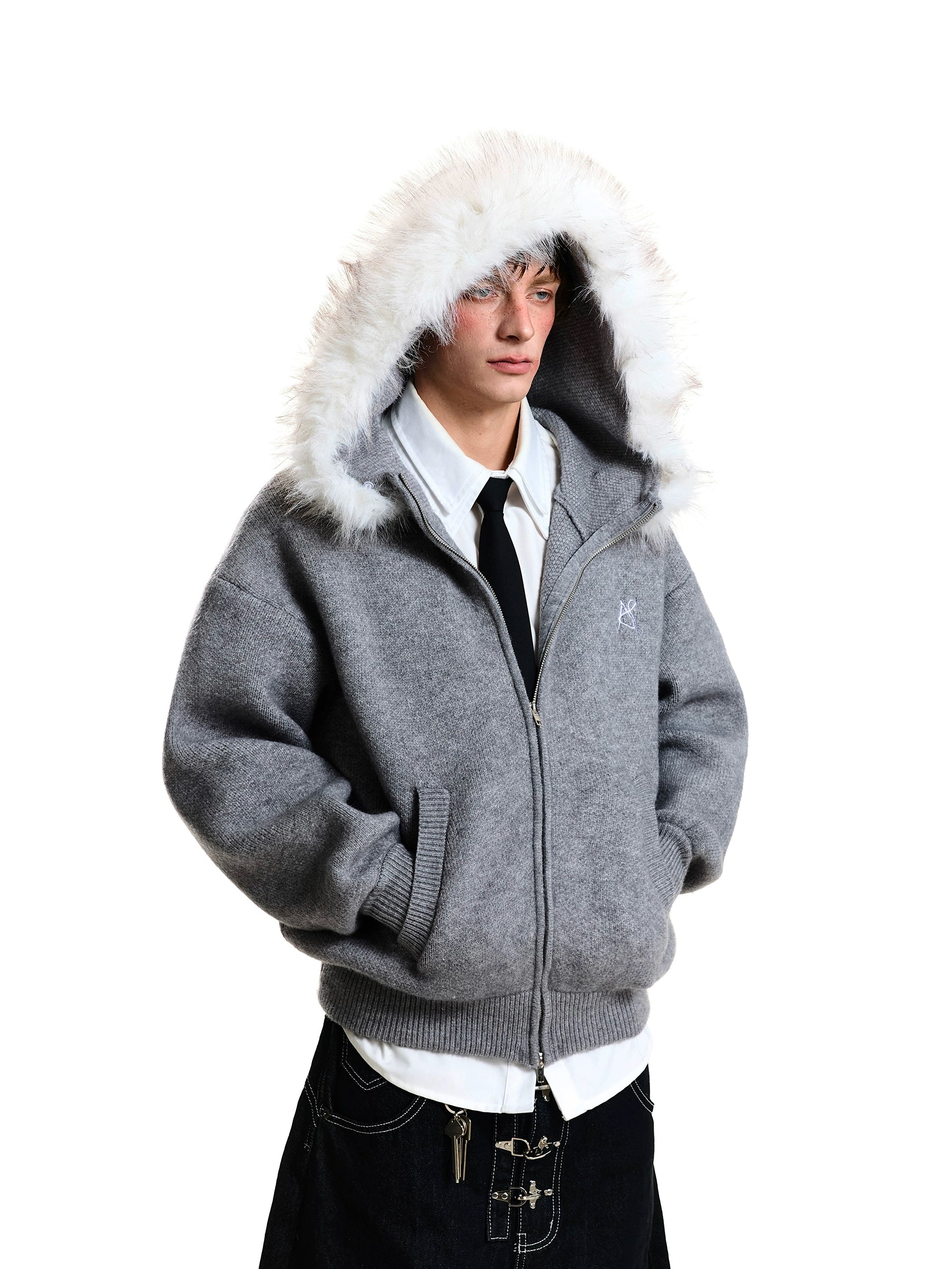 Heavy-Knit Fur Hood Relaxed Winter Cardigan