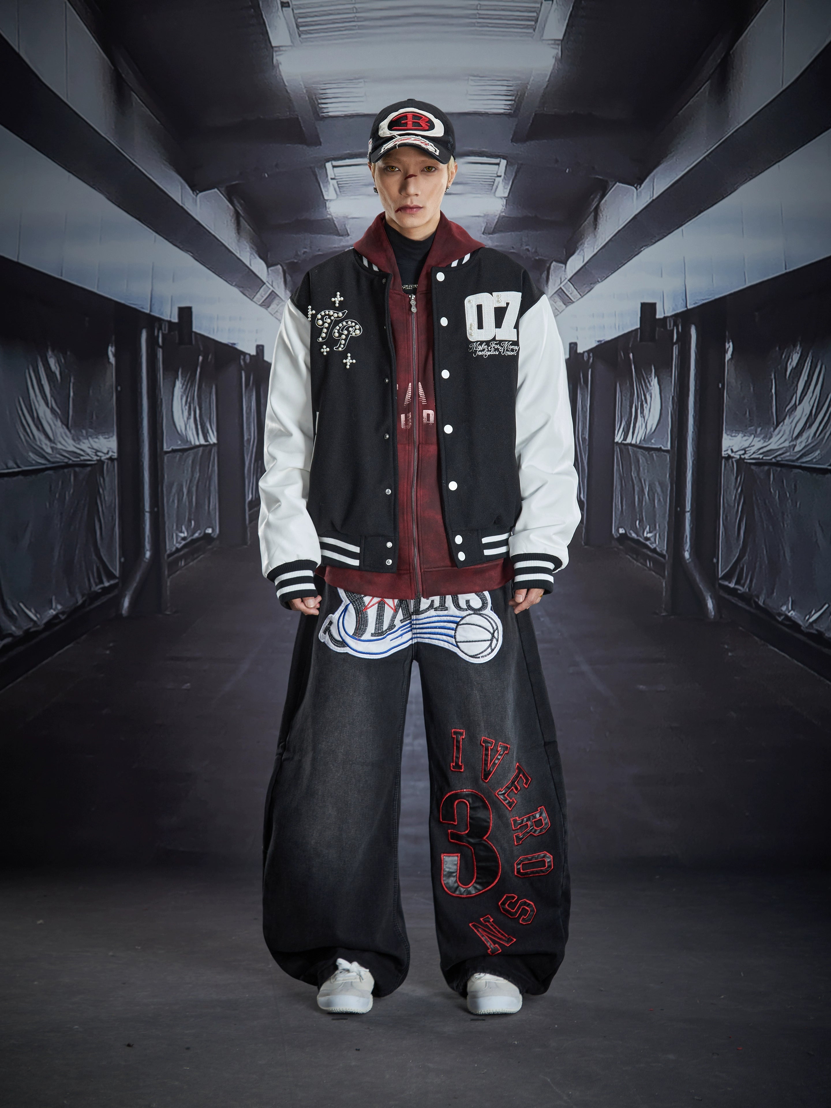 Heavy Embroidered Leather-Patch Fleece Lined Blade-Cut Jeans