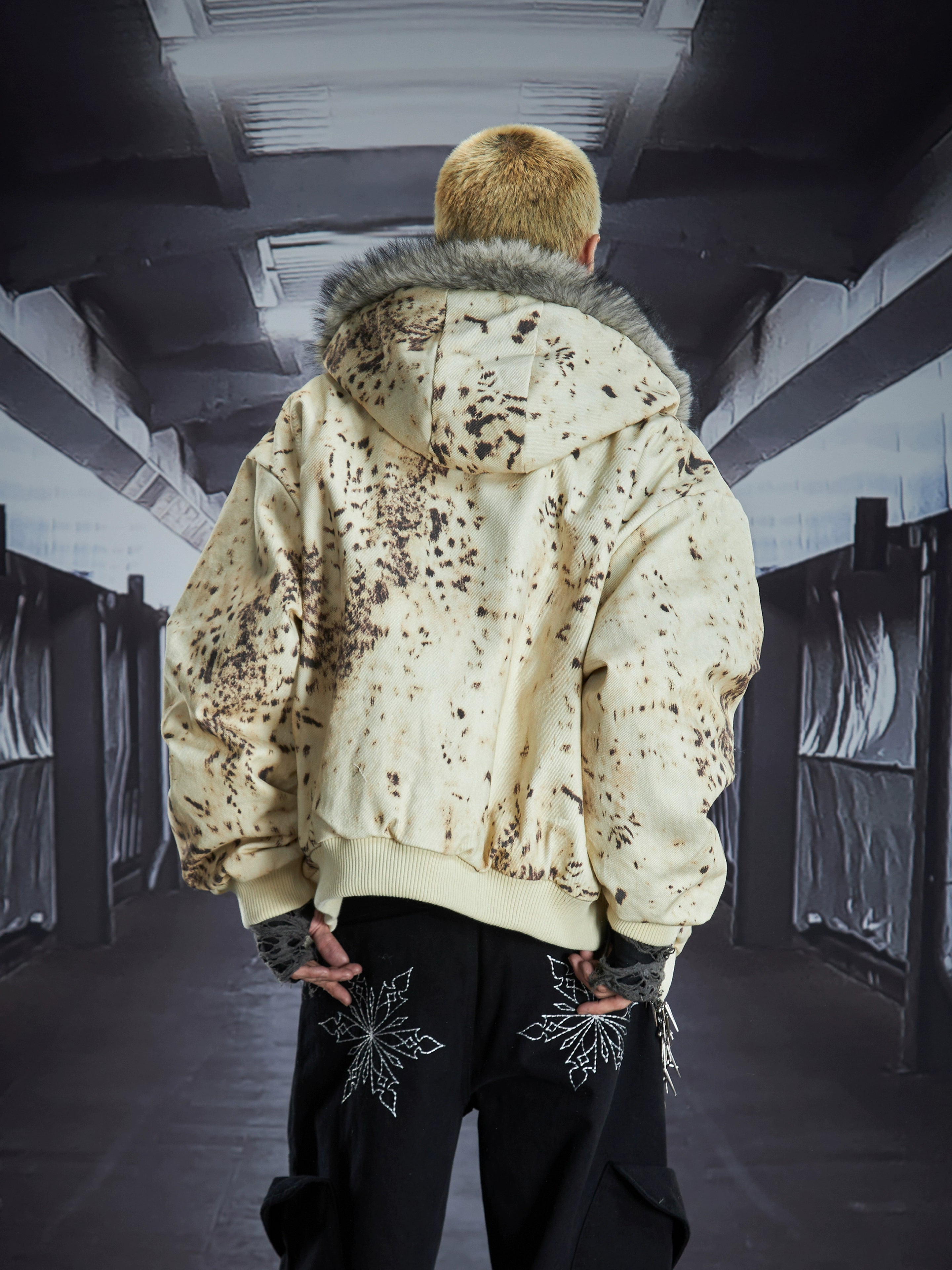 Wasteland Distressed Furry Hooded Cropped Heavy Puffer
