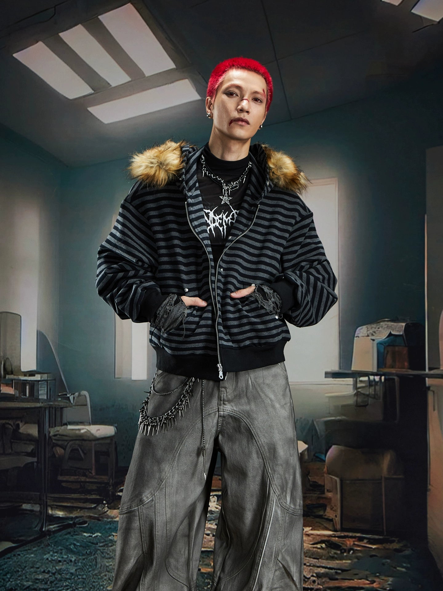 Y2K Furry Patchwork Zip Hoodie with Striped Design