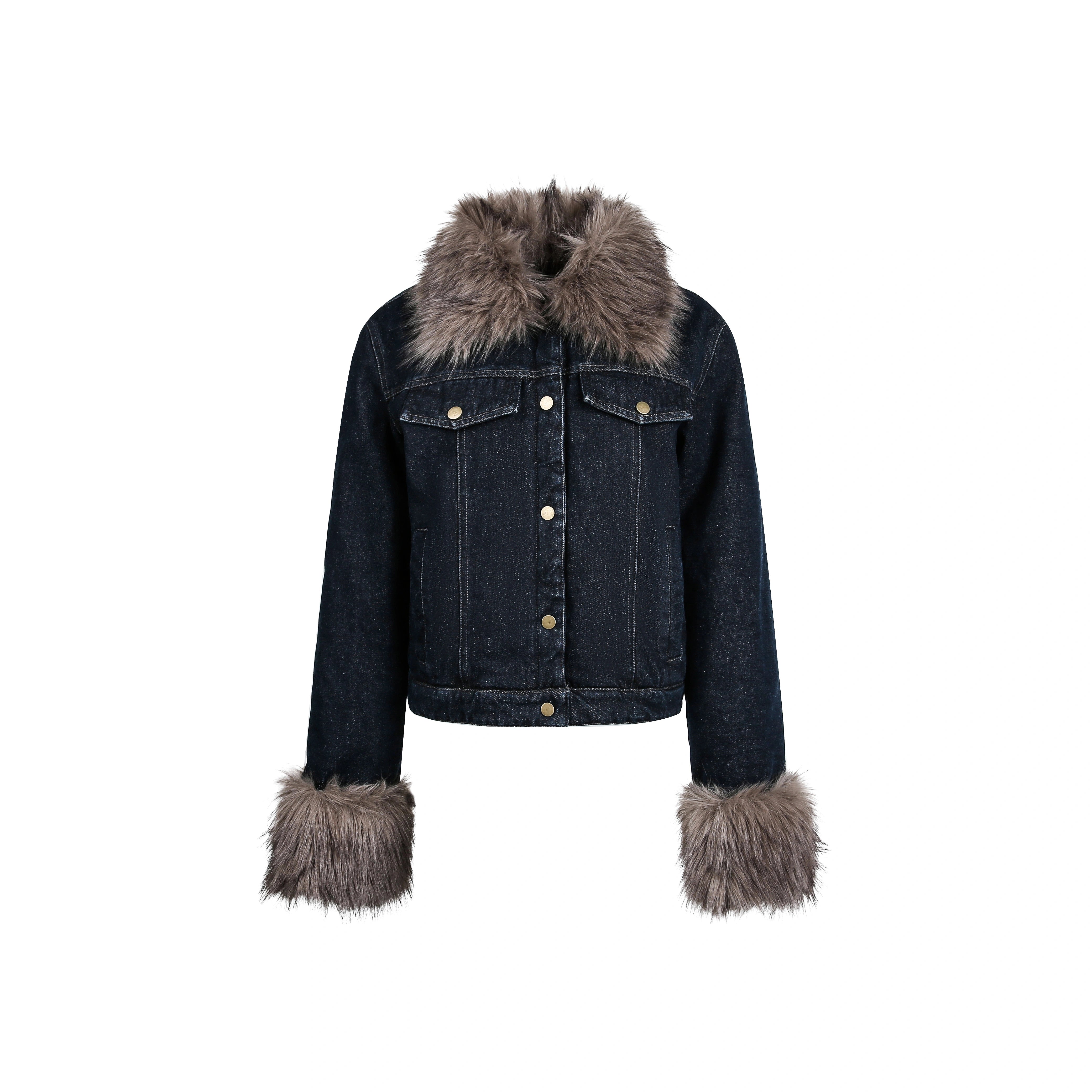 Short Denim Puffer Jacket with Fur Collar