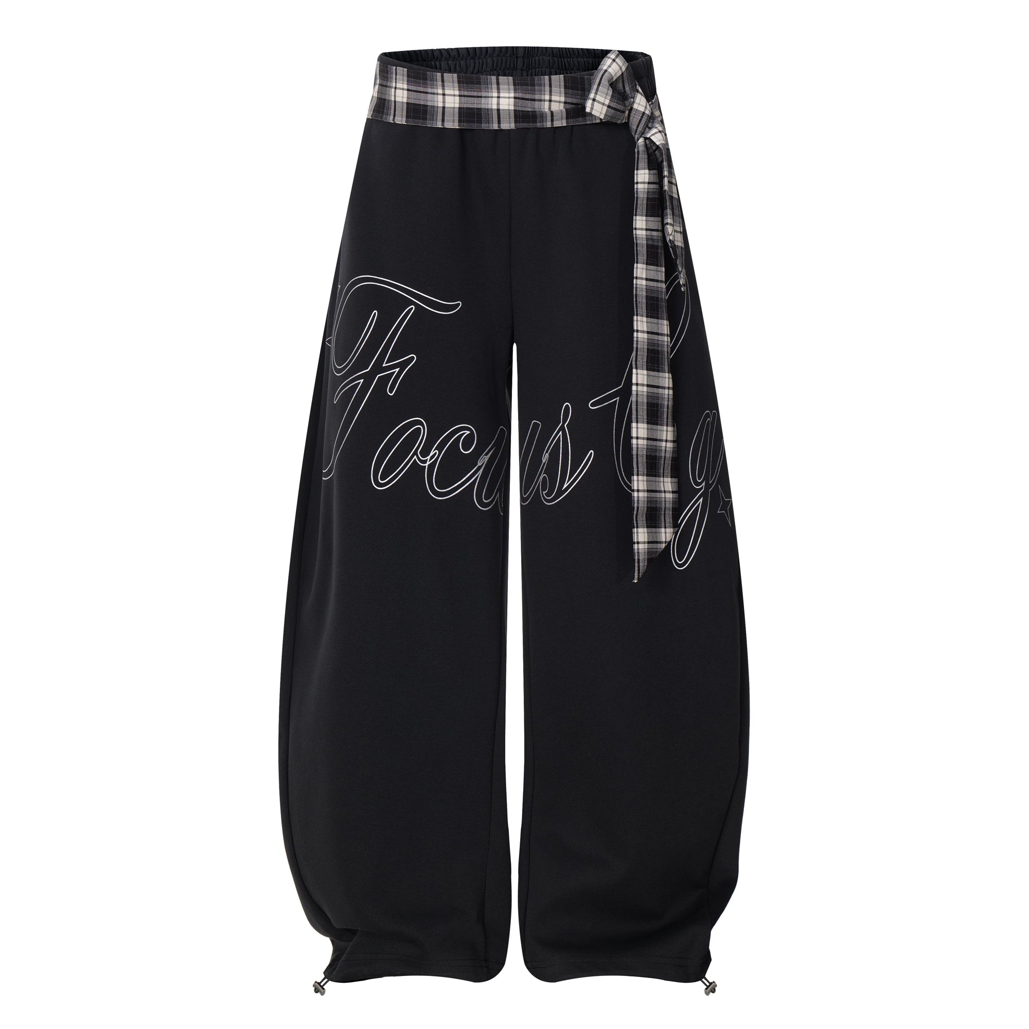 Plaid Lace-Up Letter Print Curved Sweatpants