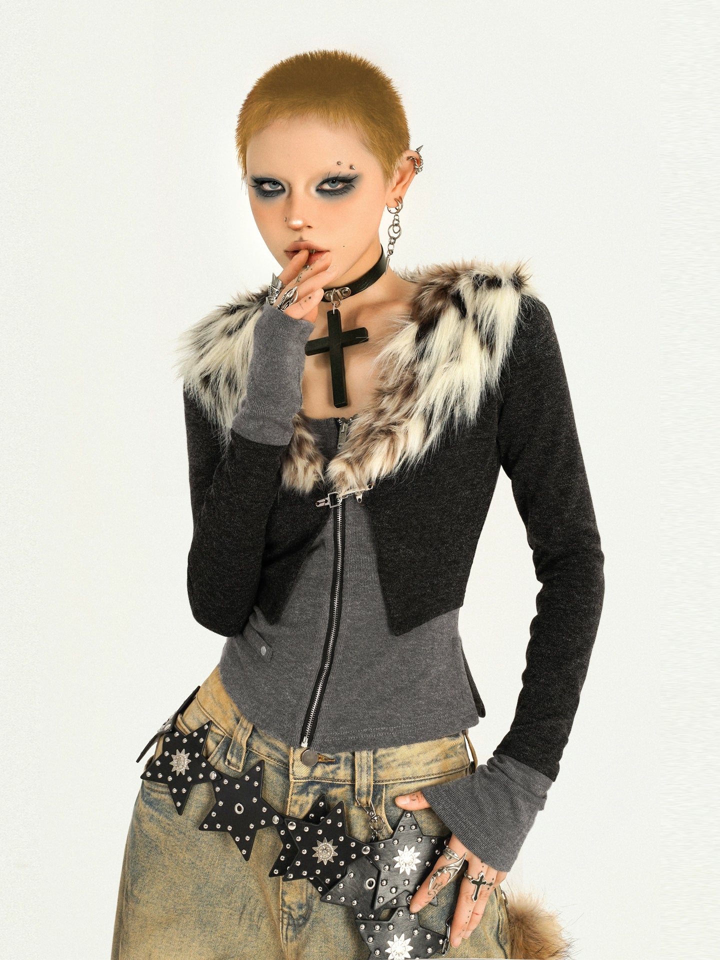 Leopard Fur Collar Knit Cardigan