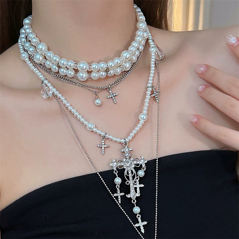 Layered Cross Pearl Choker Necklace