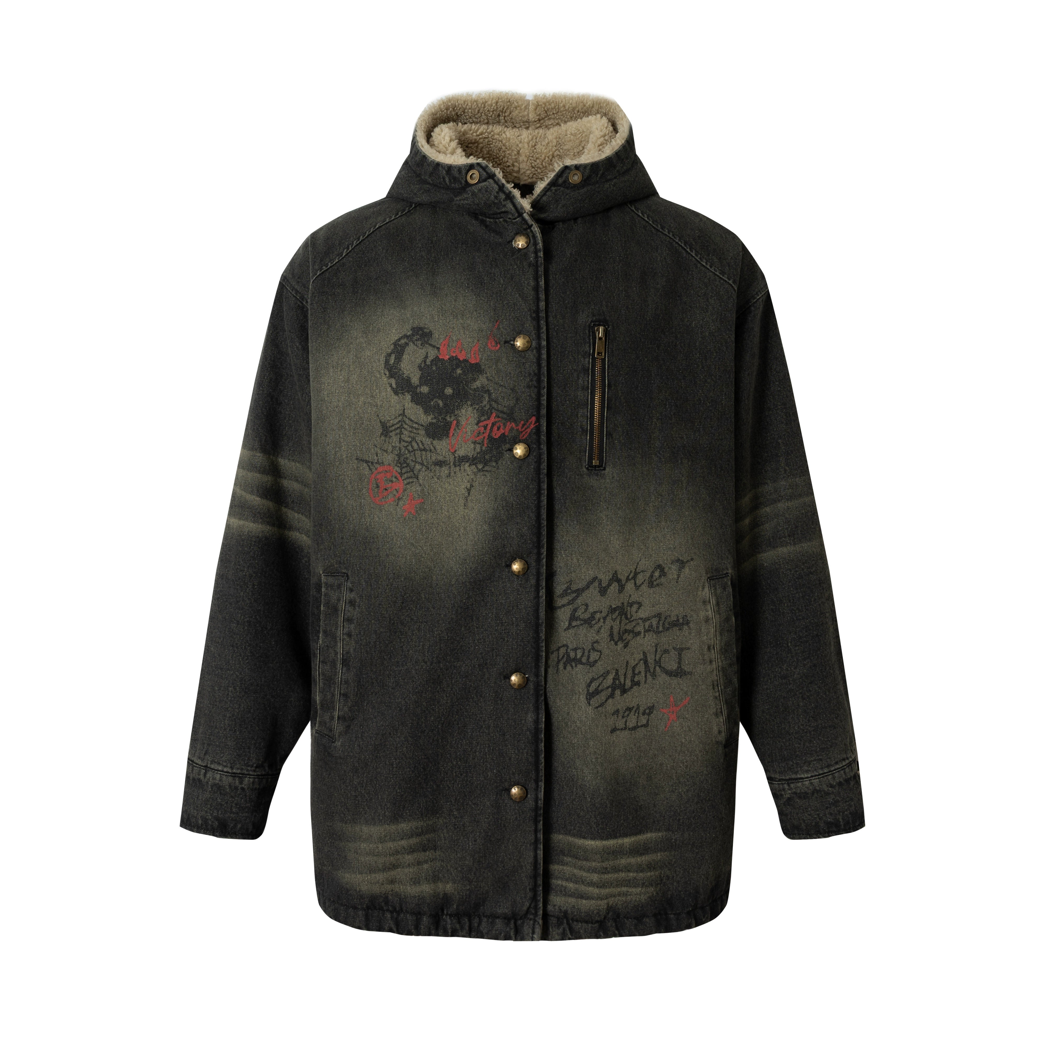 Washed Graffiti Denim Long Sherpa Jacket
