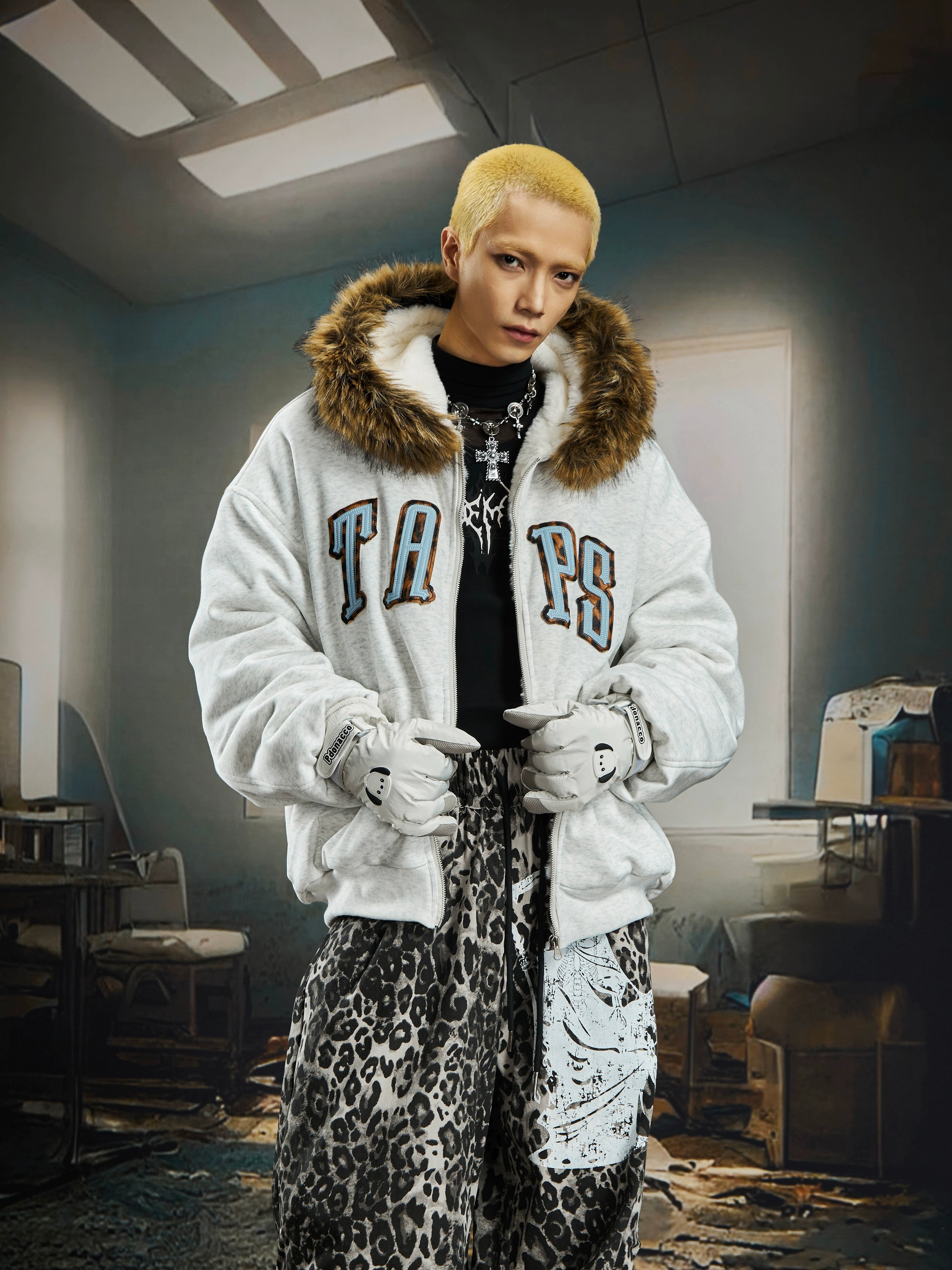 Leopard Patchwork Faux-Fur Colorblock Hooded Puffer Jacket