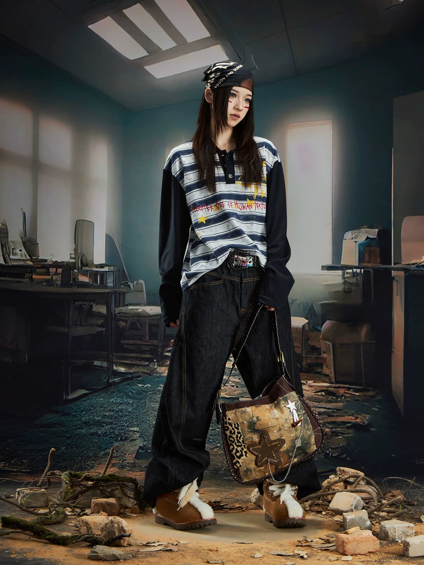 Layered Distressed Stripe Polo Shirt with Graphic Print