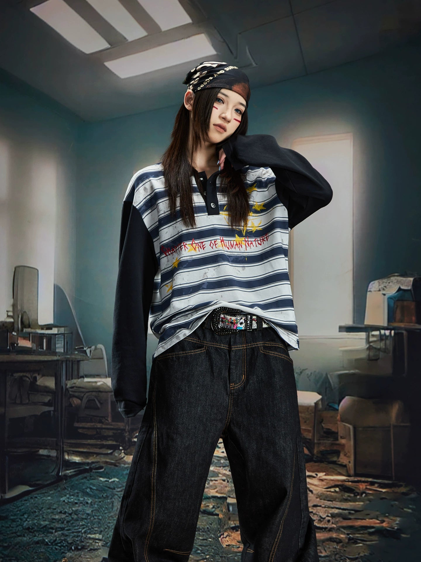 Layered Distressed Stripe Polo Shirt with Graphic Print