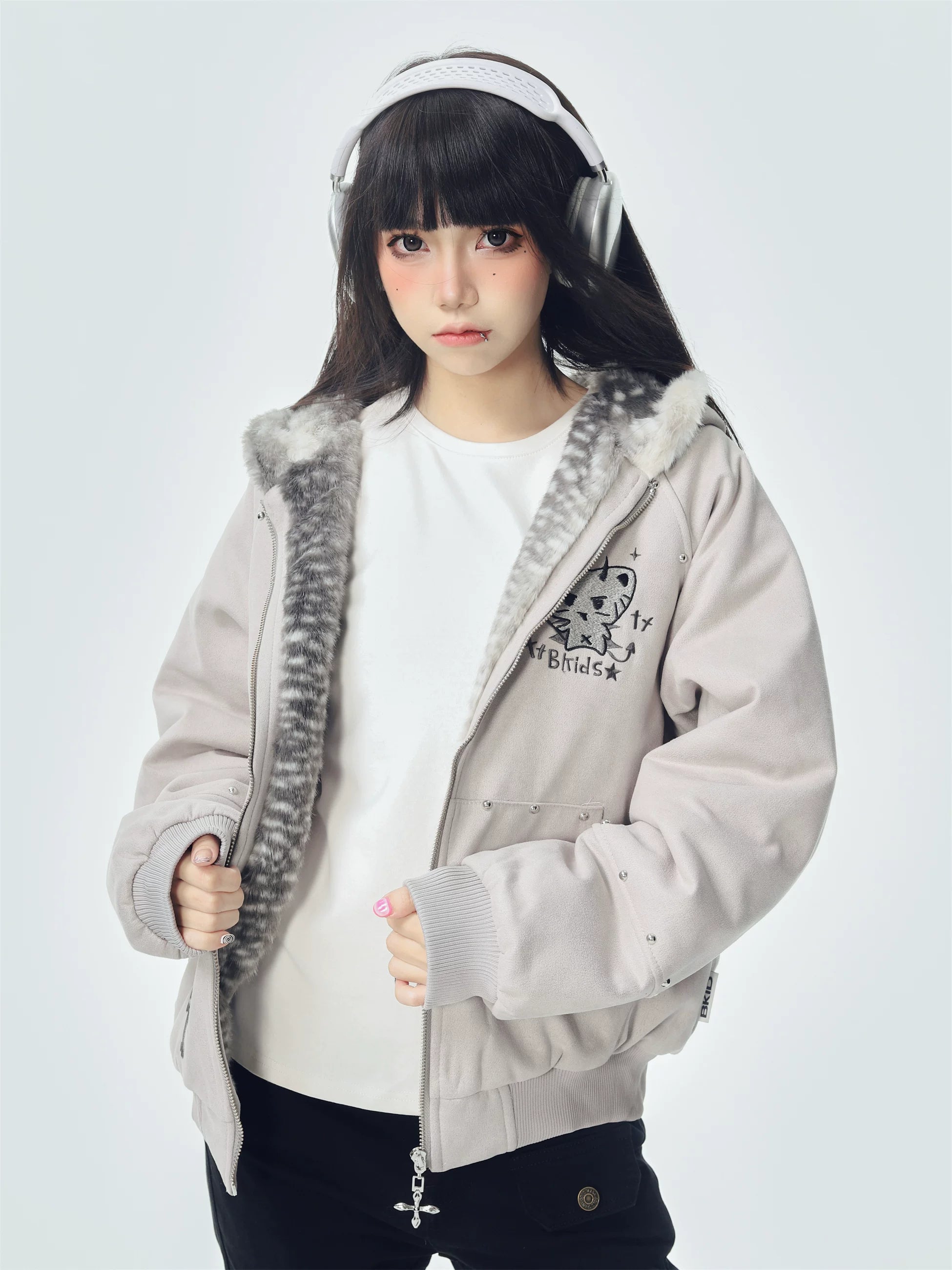 Sanhoostudio hooded puffer jacket featuring devil cat, cross, and mountain eagle graphics. Designed with a relaxed fit, thick padding, and winter insulation for edgy dark street style.