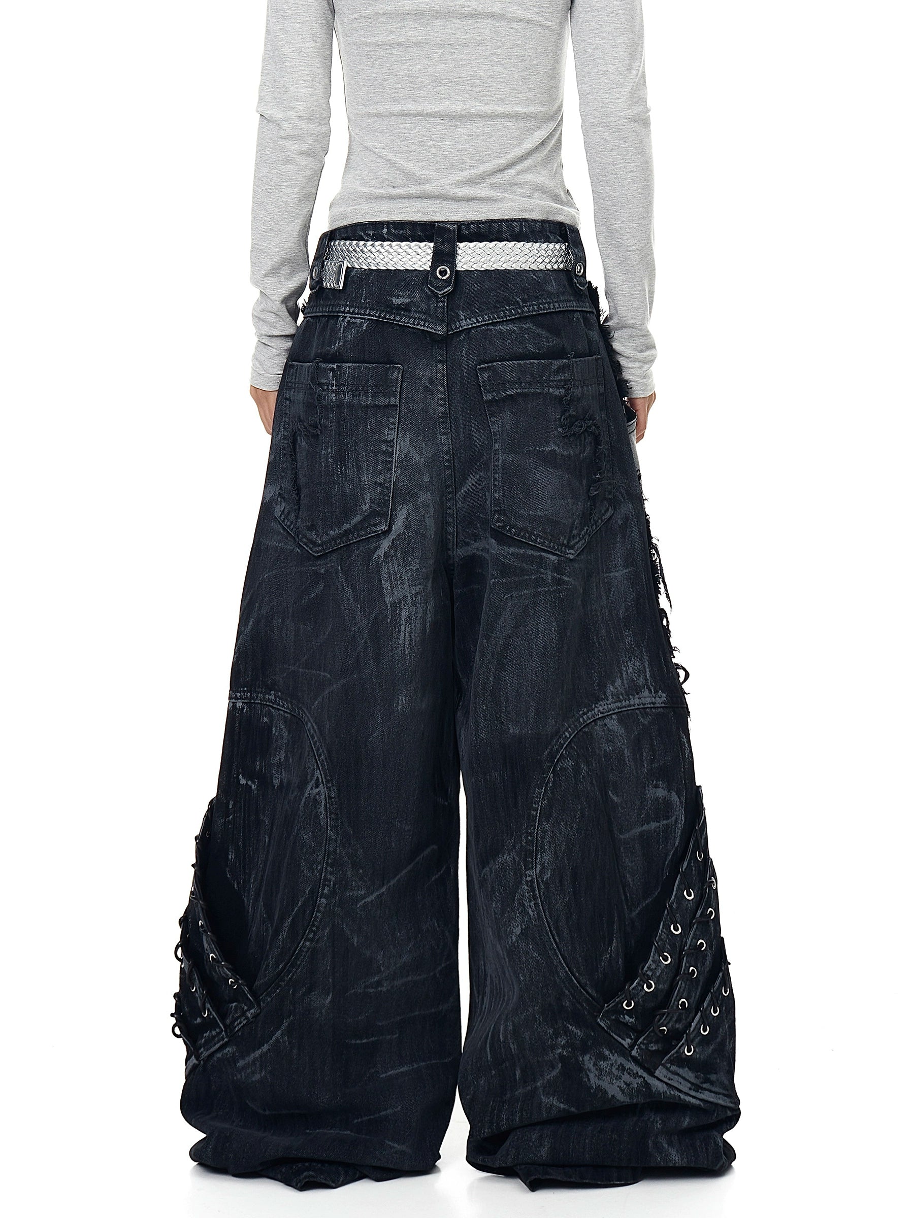 Heavy Washed Patchwork Distressed Deconstructed Wide-Leg Denim Pants