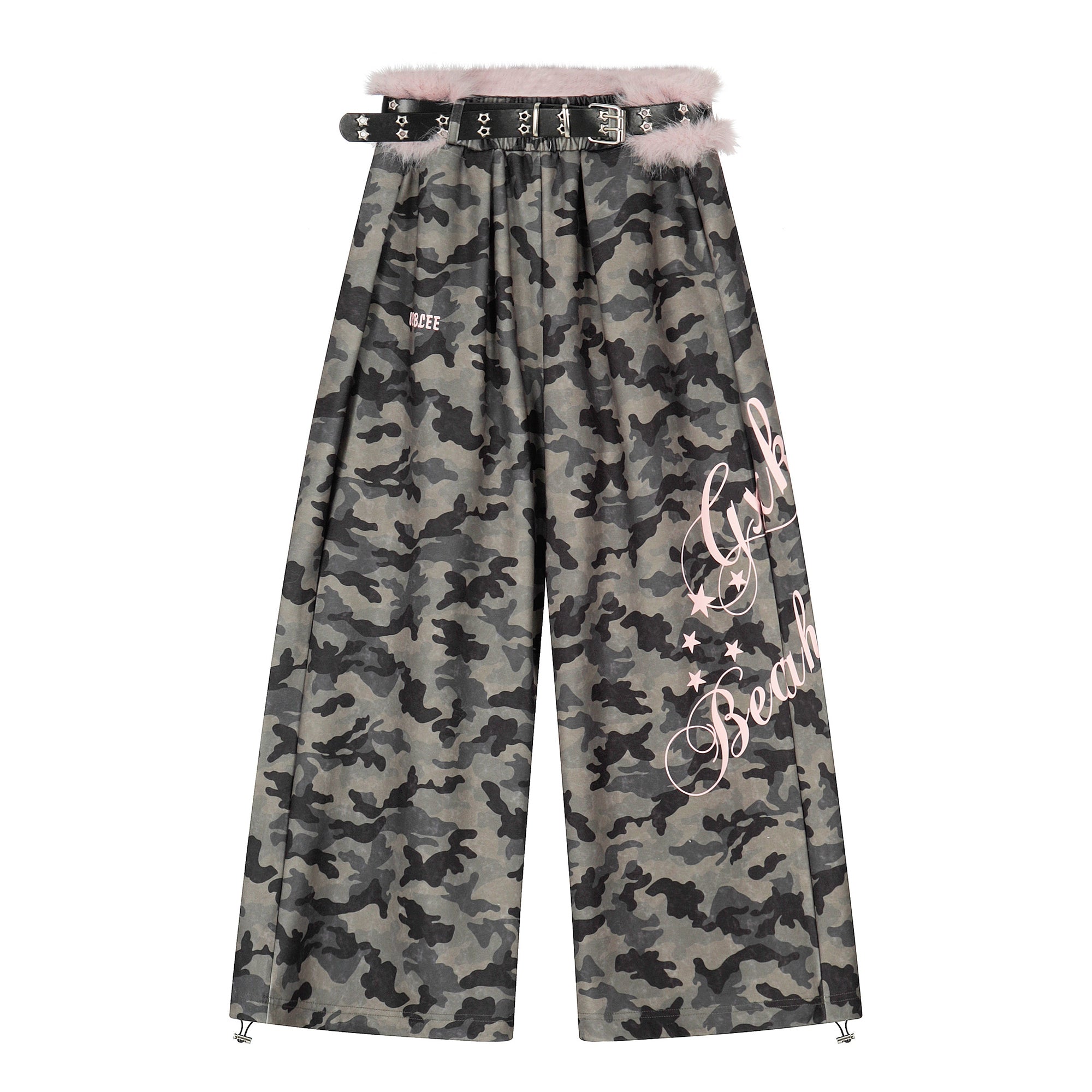 Furry Waistband Letter Camo Sweatpants