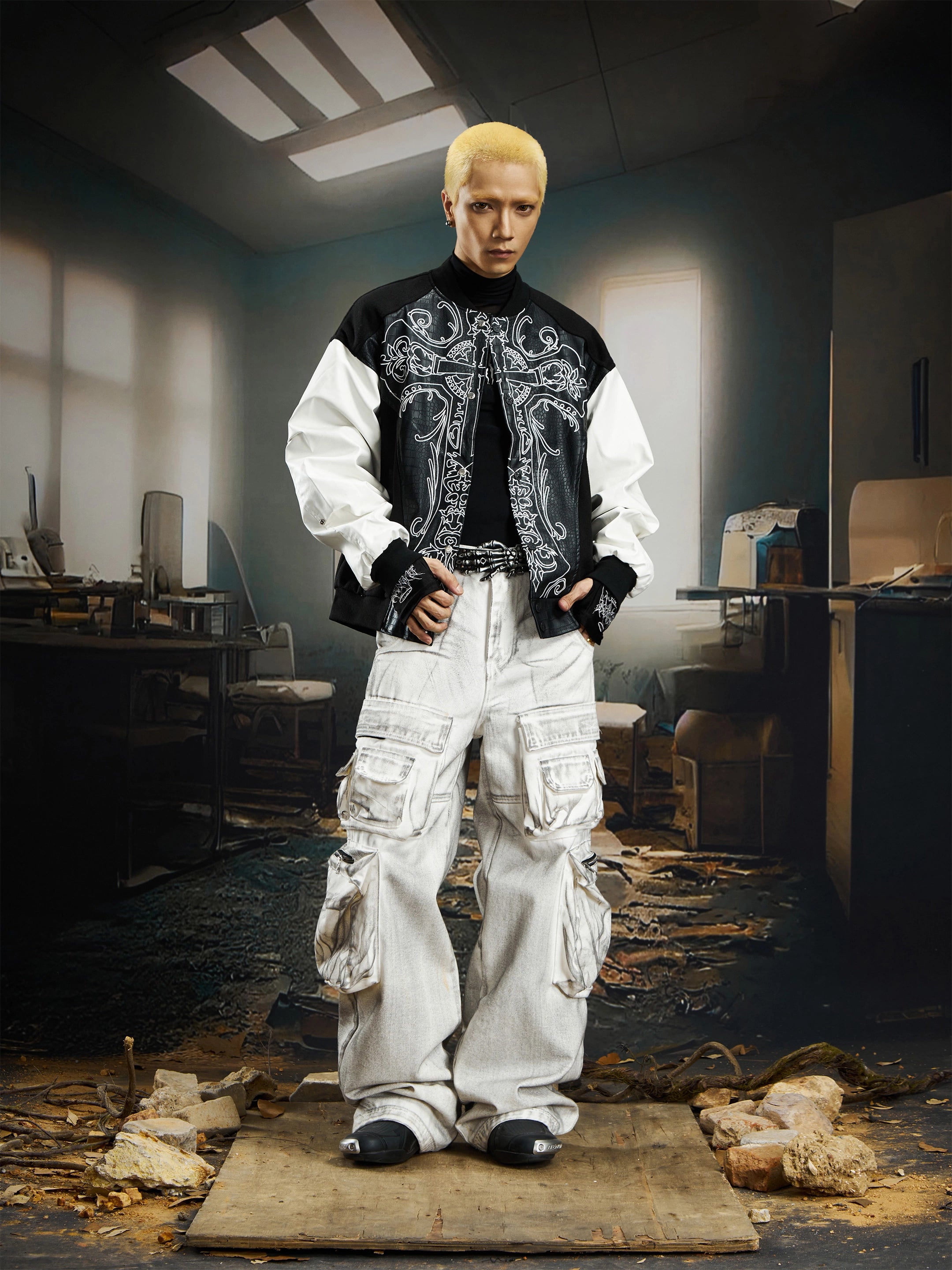 Snake-Pattern PU Deconstructed Varsity Jacket