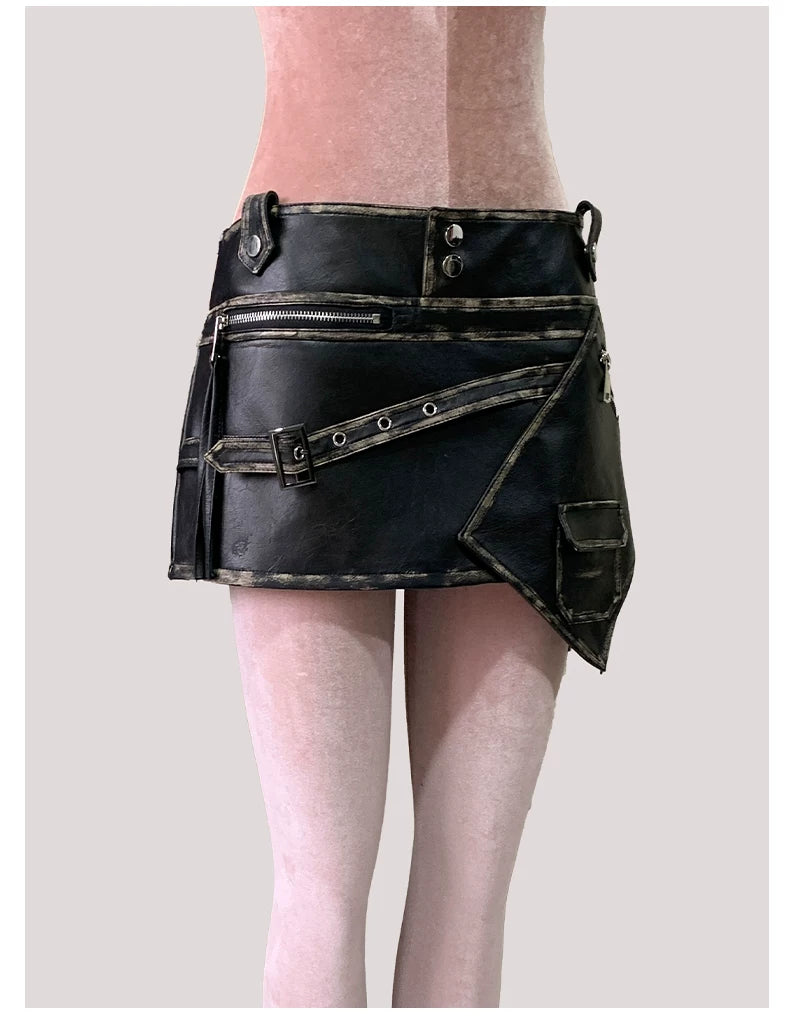Sanhoostudio Distressed Asymmetric PU Leather Mini Skirt