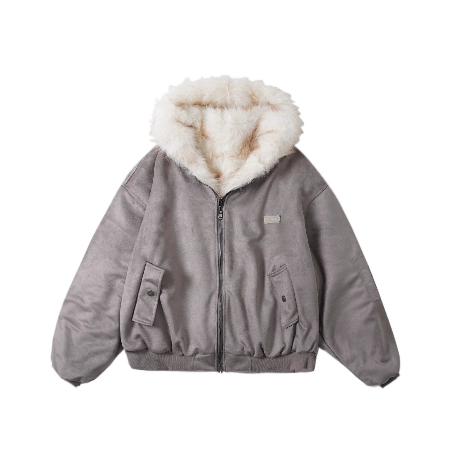 Reversible Suede-Fleece Hawk Fur Hooded Jacket