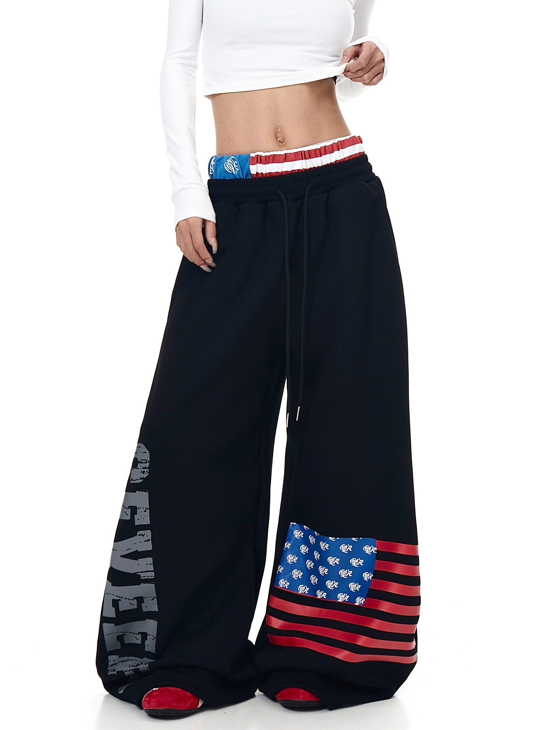 American Flag Print Wide-Leg Sweatpants