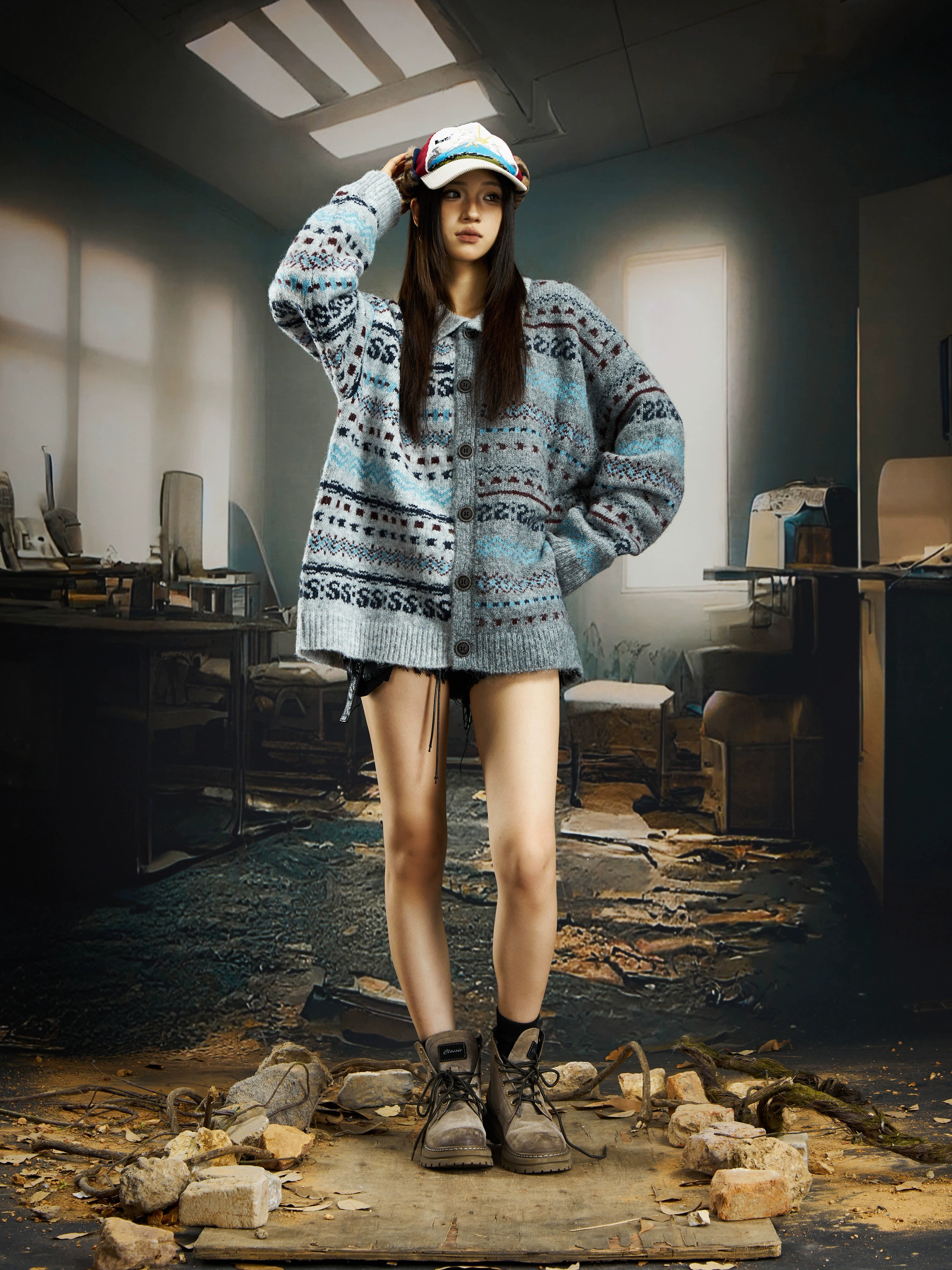 Retro Fair-Isle Color-Block Knit Cardigan with Oversized Fit