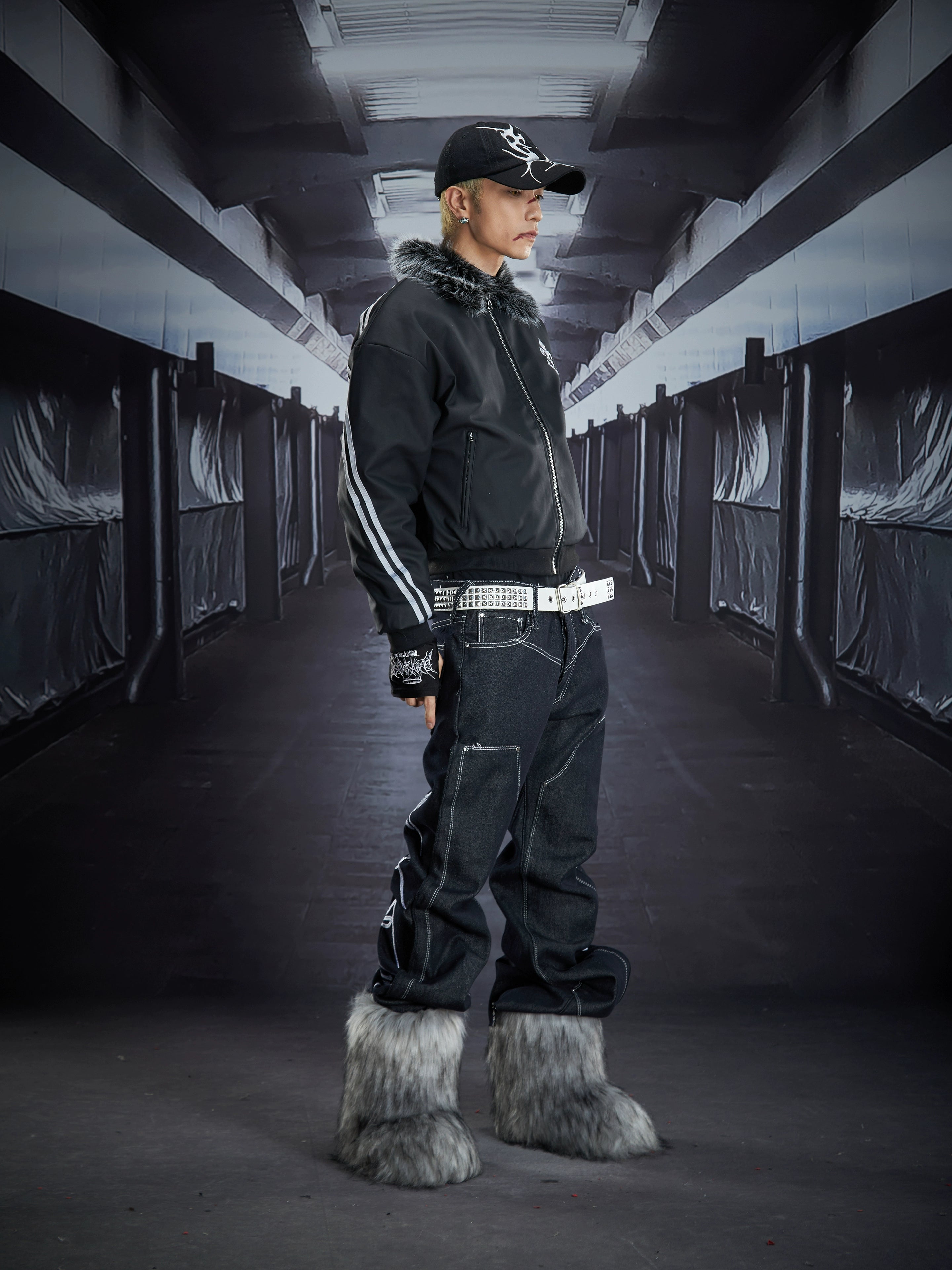 PU Leather Furry-Collar Embroidered Short Padded Jacket