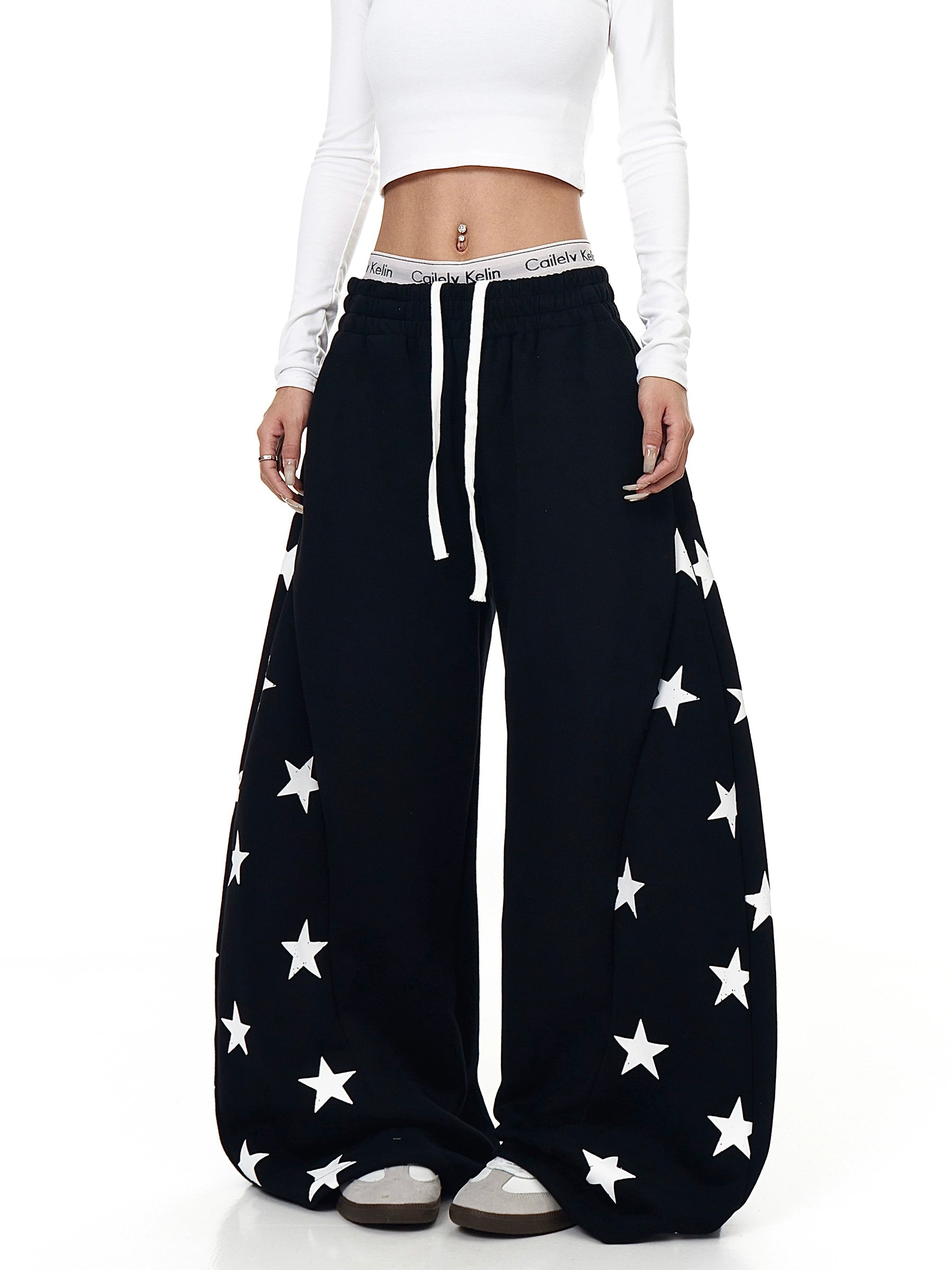 Retro Star Patch Contrast Wide-Leg Sweatpants
