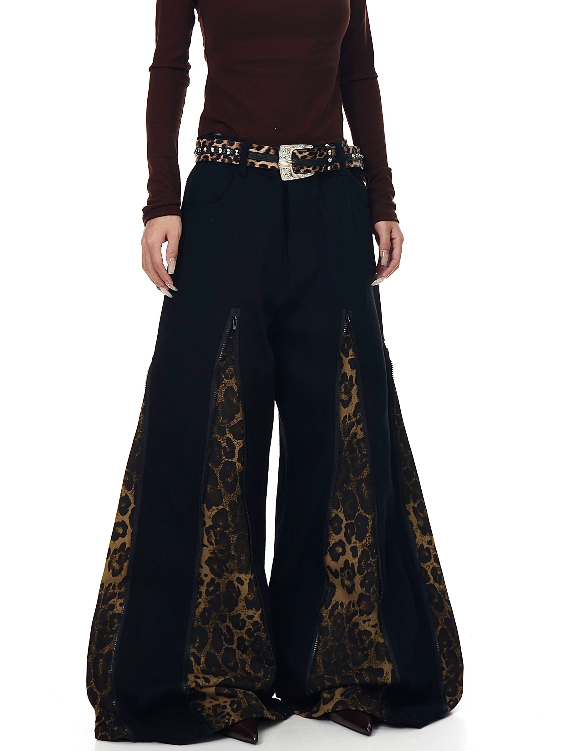 Zipper Patchwork Leopard Flare Denim Jeans
