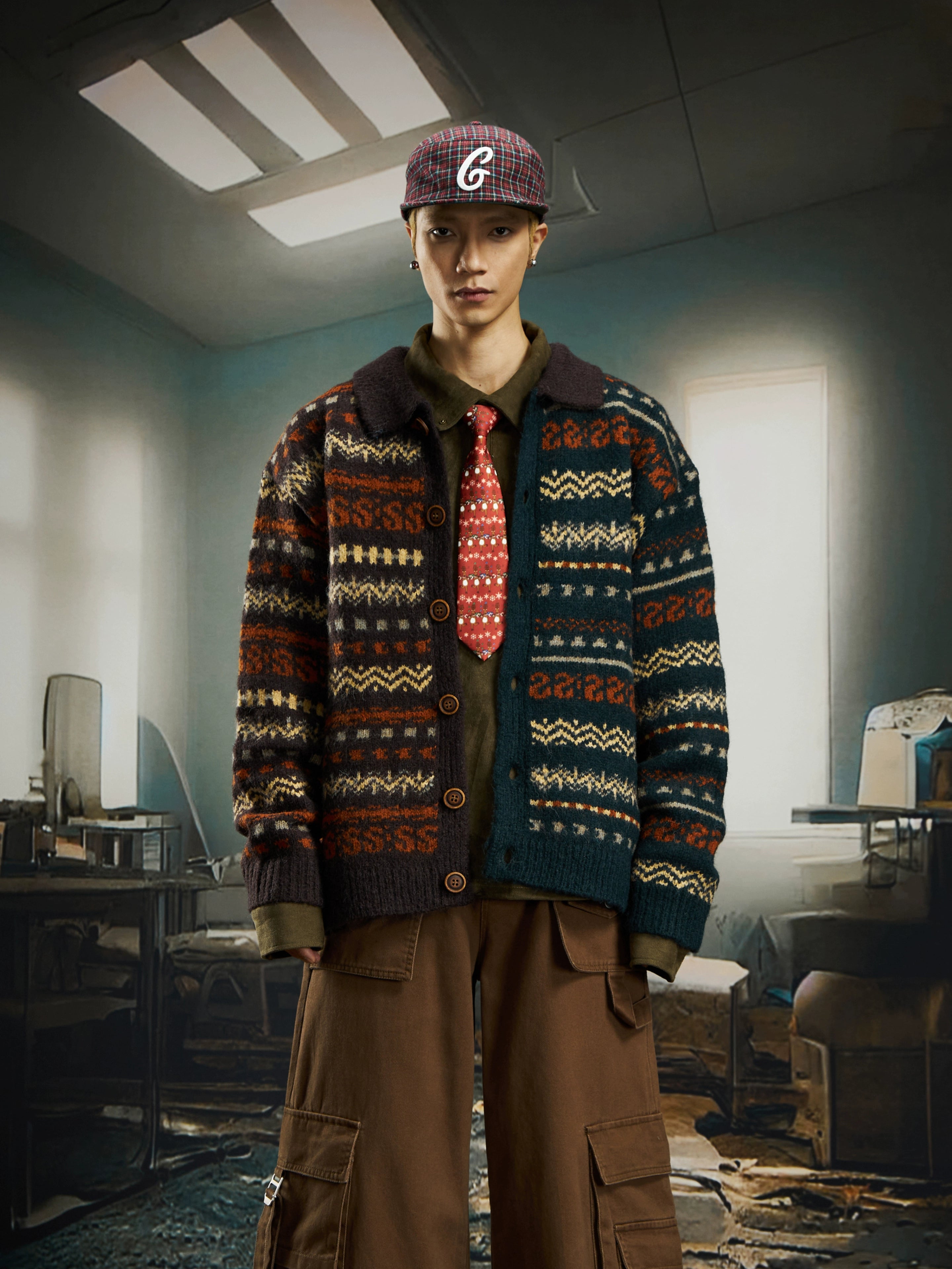 Retro Fair-Isle Color-Block Knit Cardigan with Oversized Fit