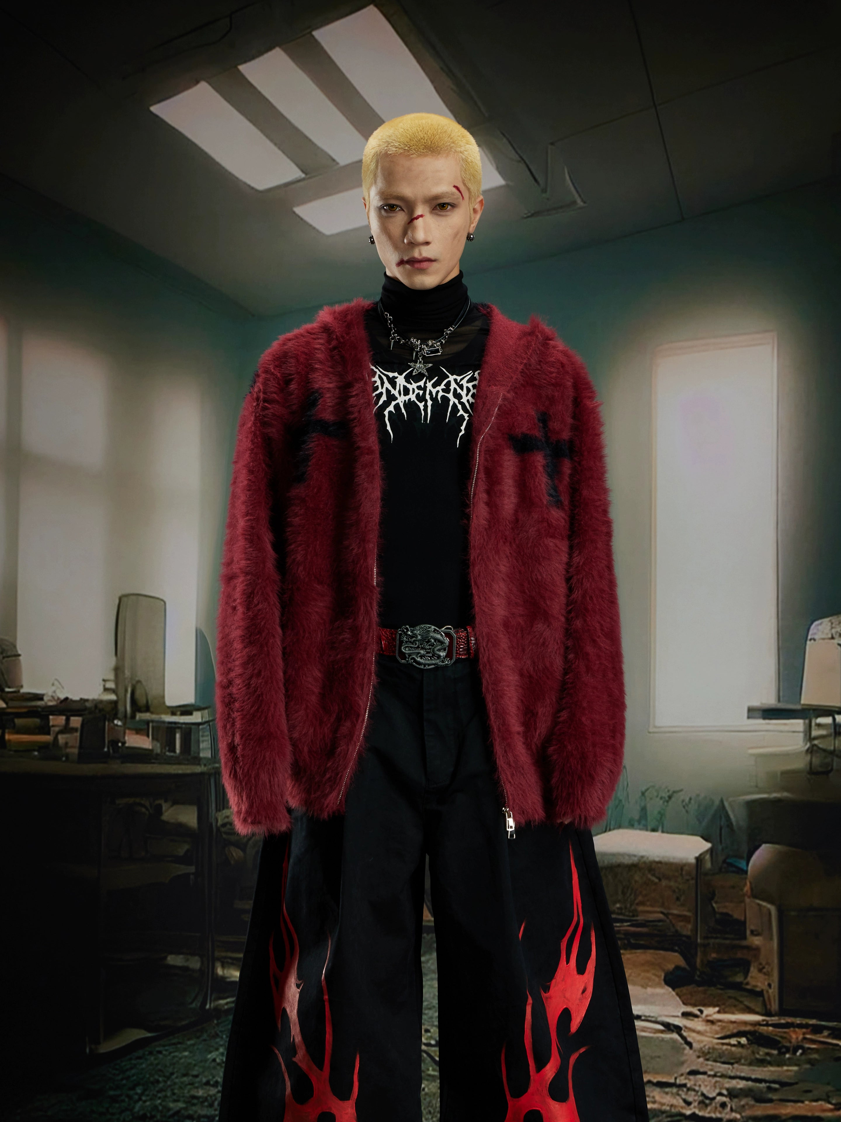 Heavyweight Mohair-Inspired Y2K Hooded Knit Cardigan