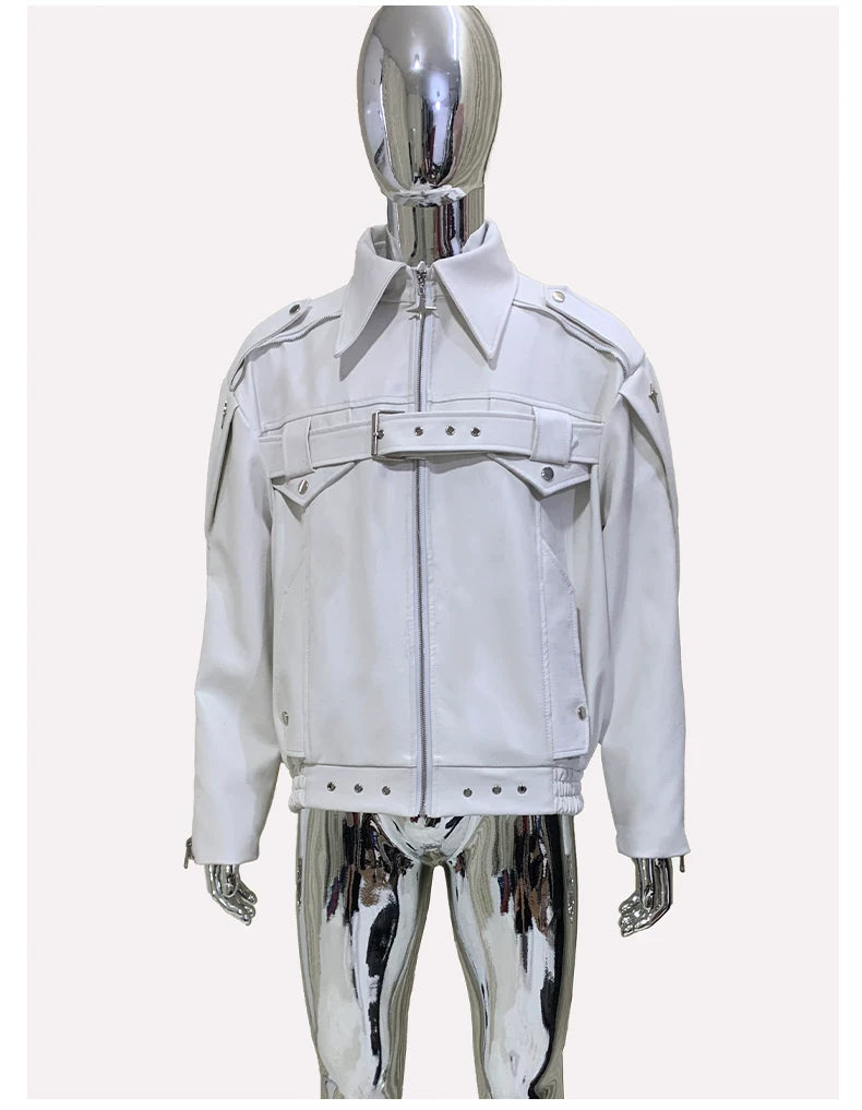 Sanhoostudio White Lapel PU Leather Moto Jacket