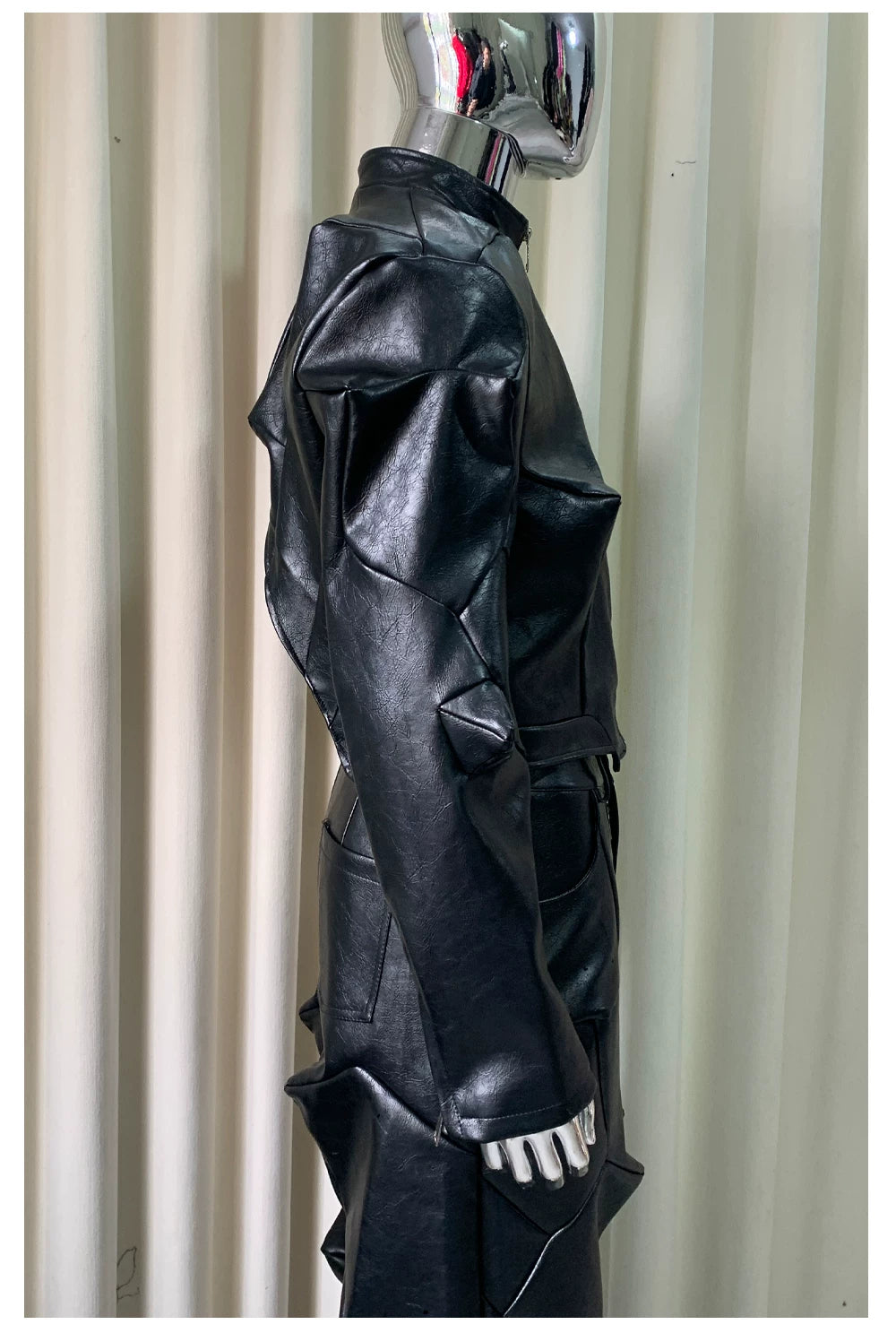 Sanhoostudio Deconstructed Asymmetric PU Leather Jacket
