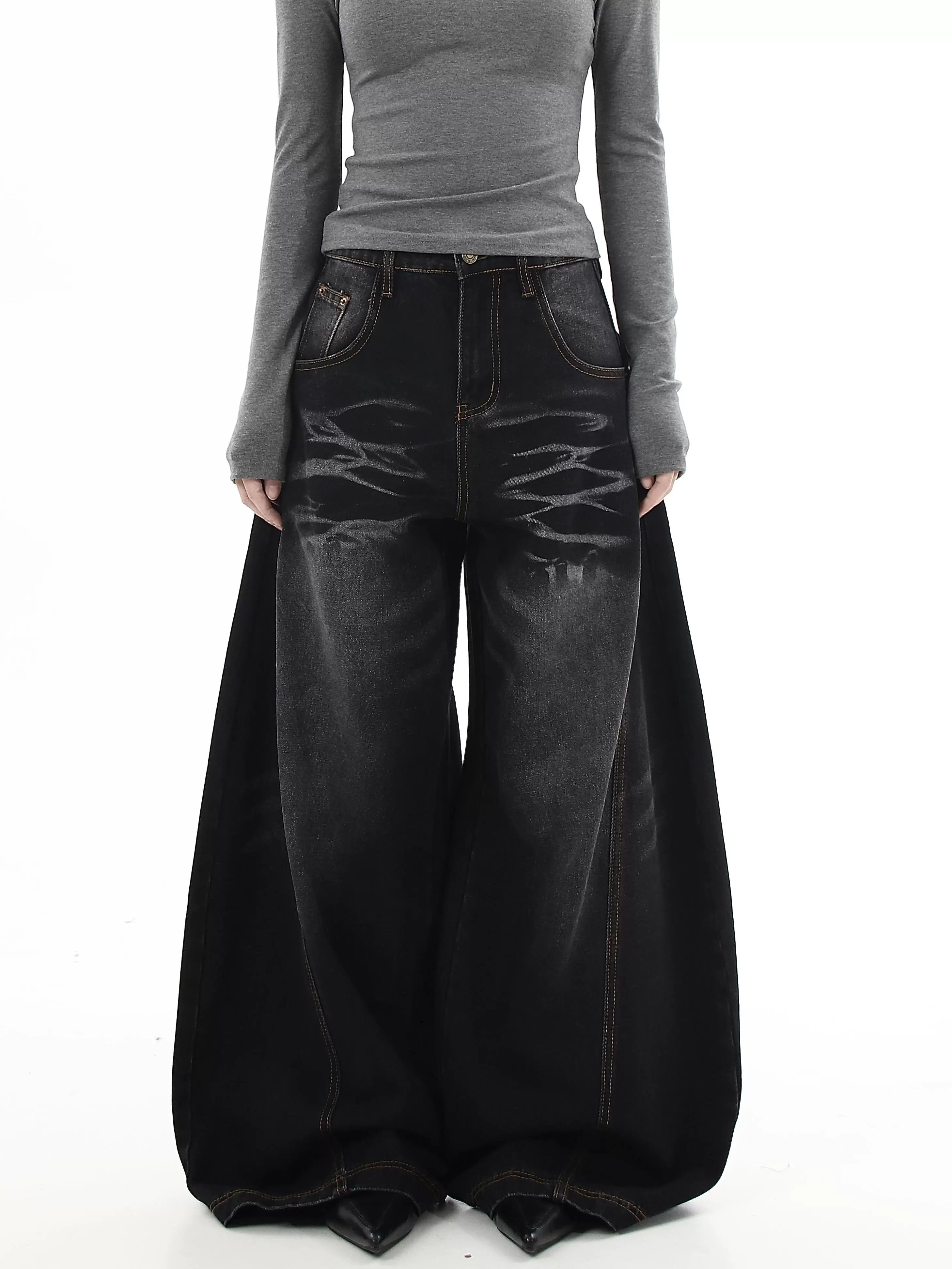 Whiskered Washed Vintage Wide-Leg Denim Pants