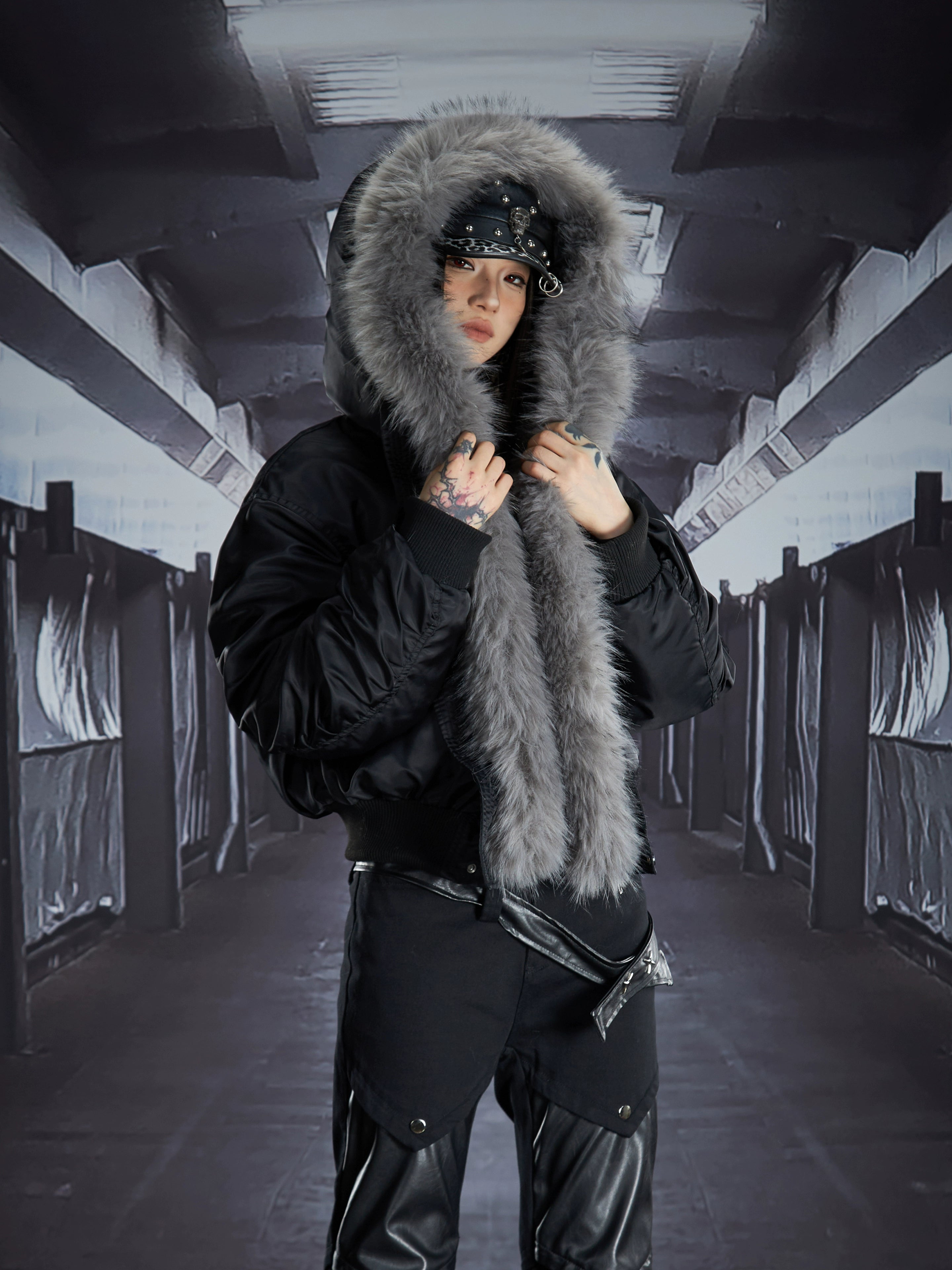 Detachable Fur-Collar Studded Hooded Fleece Puffer Jacket